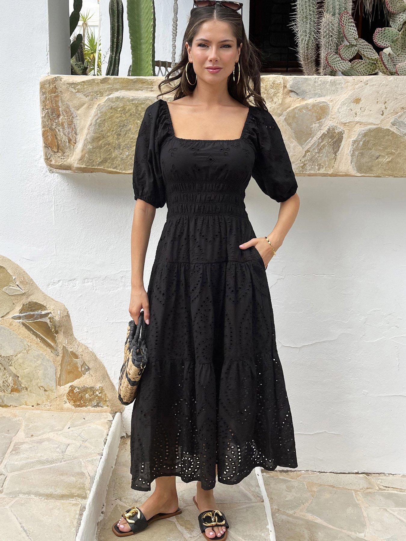 AX Paris Broderie Puff Sleeve Smock Midi Dress - Black