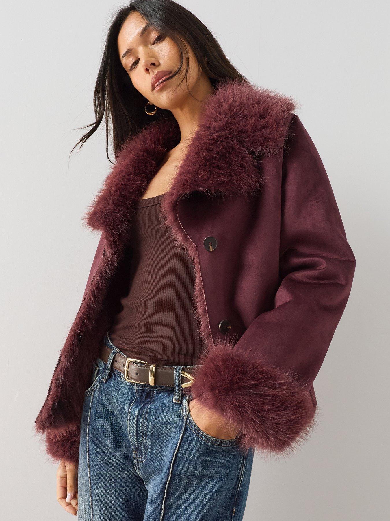 The Very Collection Bonded Suede Jacket With Fur Lining - Burgundy