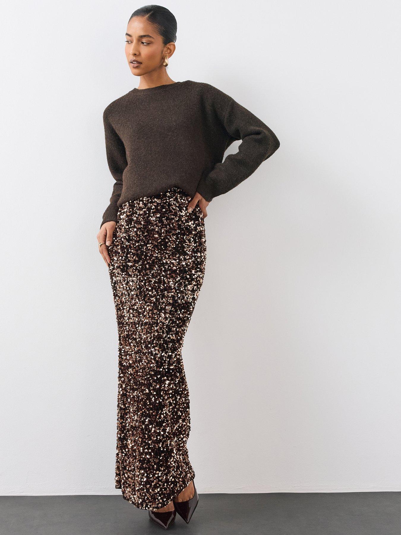Image 1 of 6 of The Very Collection Velvet Sequin Midi Skirt