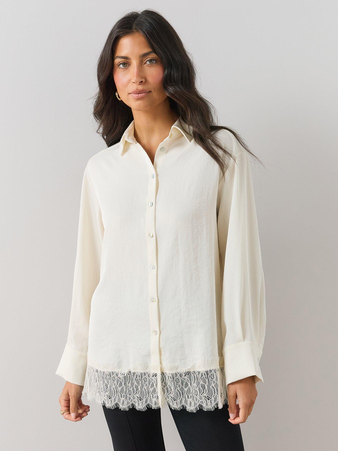 Image 1 of 6 of The Very Collection Womens Lace Trim Oversized Shirt - Cream