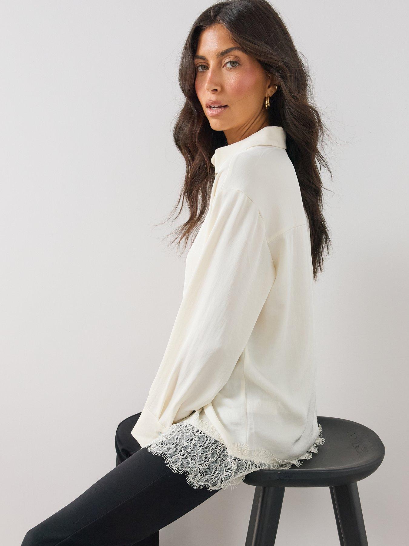 Image 5 of 6 of The Very Collection Womens Lace Trim Oversized Shirt - Cream