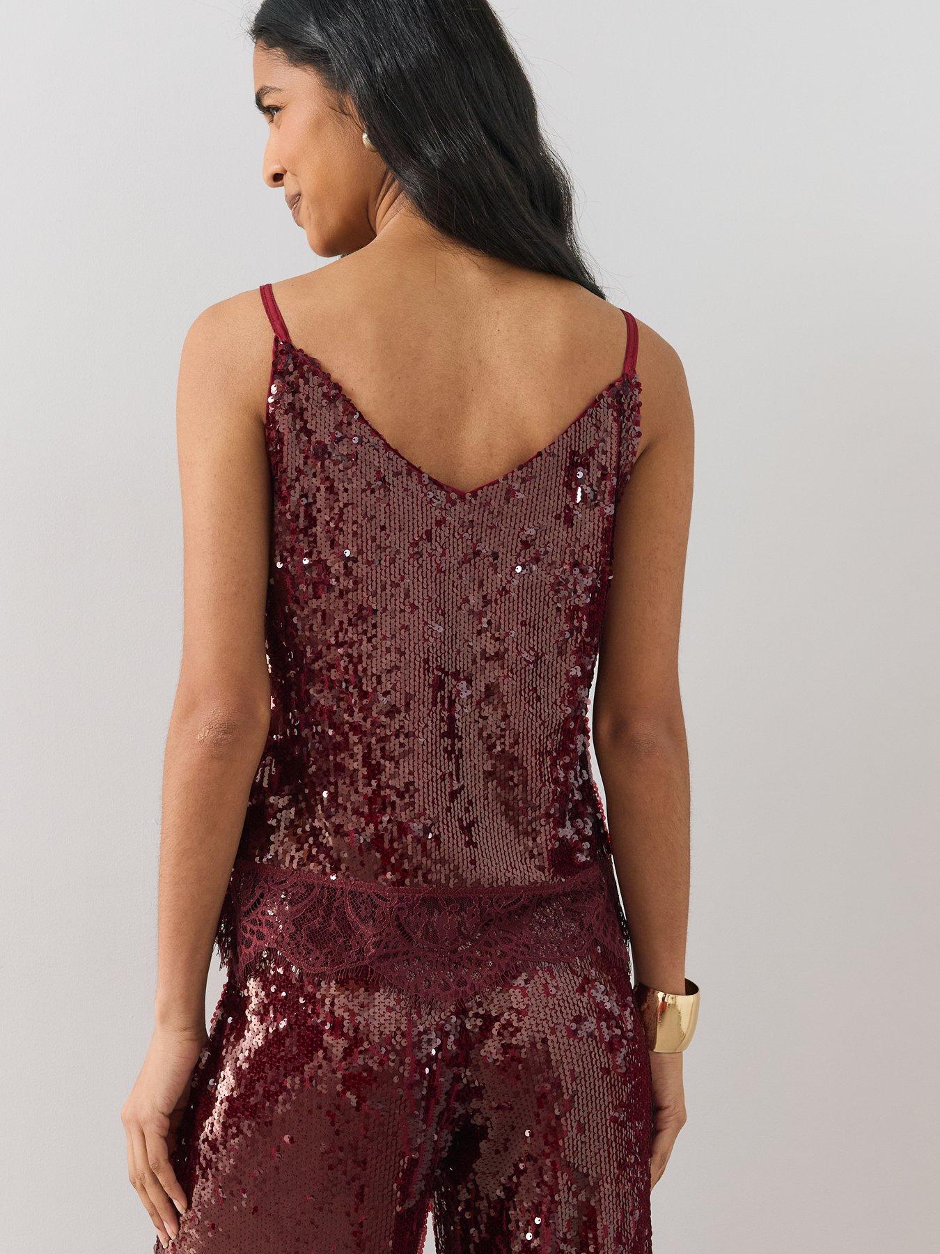 Image 2 of 7 of The Very Collection Womens Lace Trim Sequin Cami Top - Burgundy