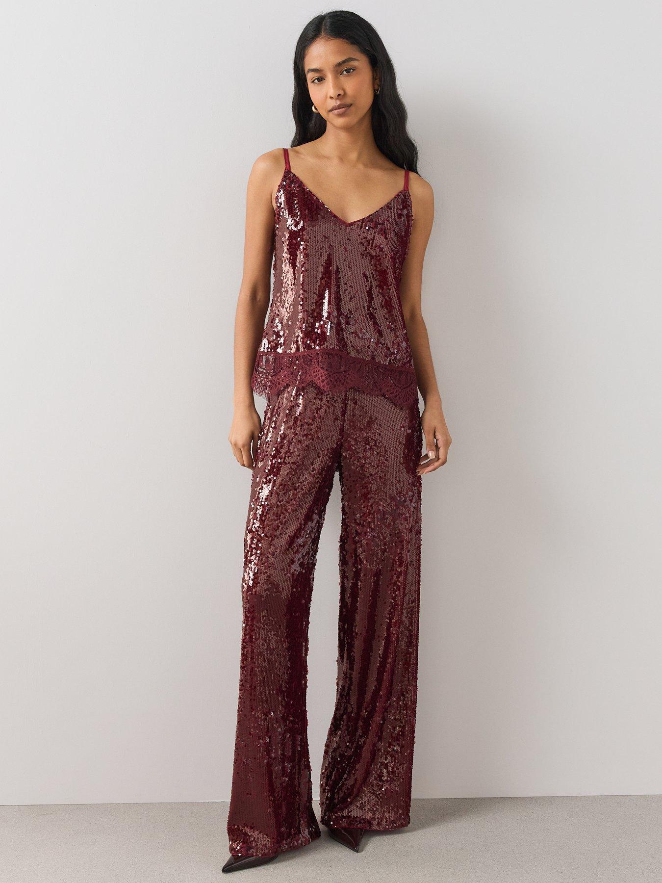 Image 3 of 7 of The Very Collection Womens Lace Trim Sequin Cami Top - Burgundy