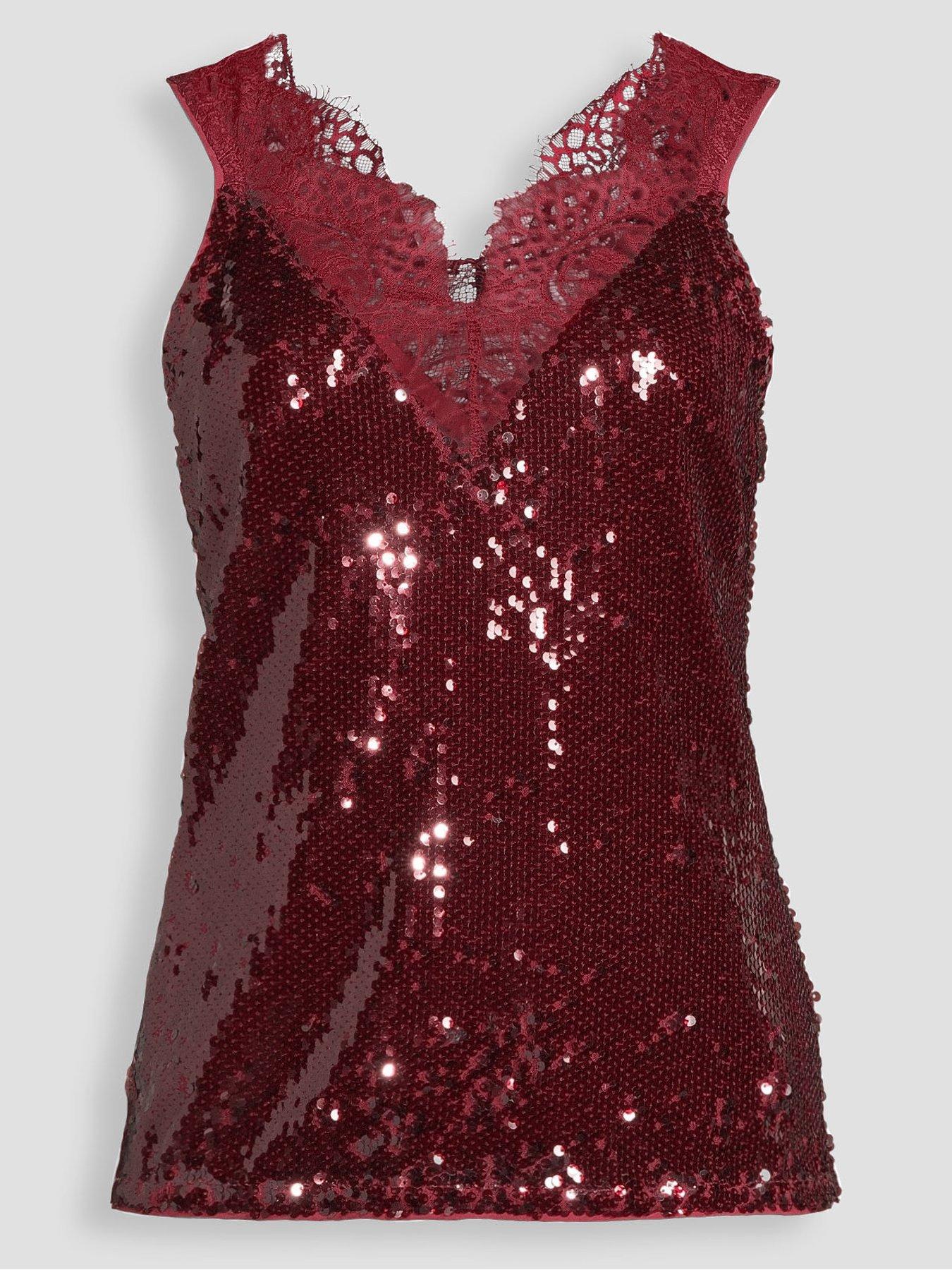 Image 7 of 7 of The Very Collection Womens Lace Trim Sequin Cami Top - Burgundy