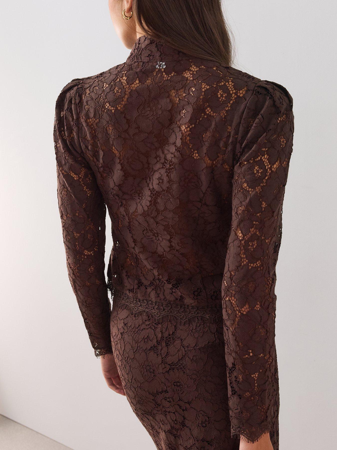 Image 2 of 7 of The Very Collection Womens Lace Mandarin Button-Through Blouse - Brown