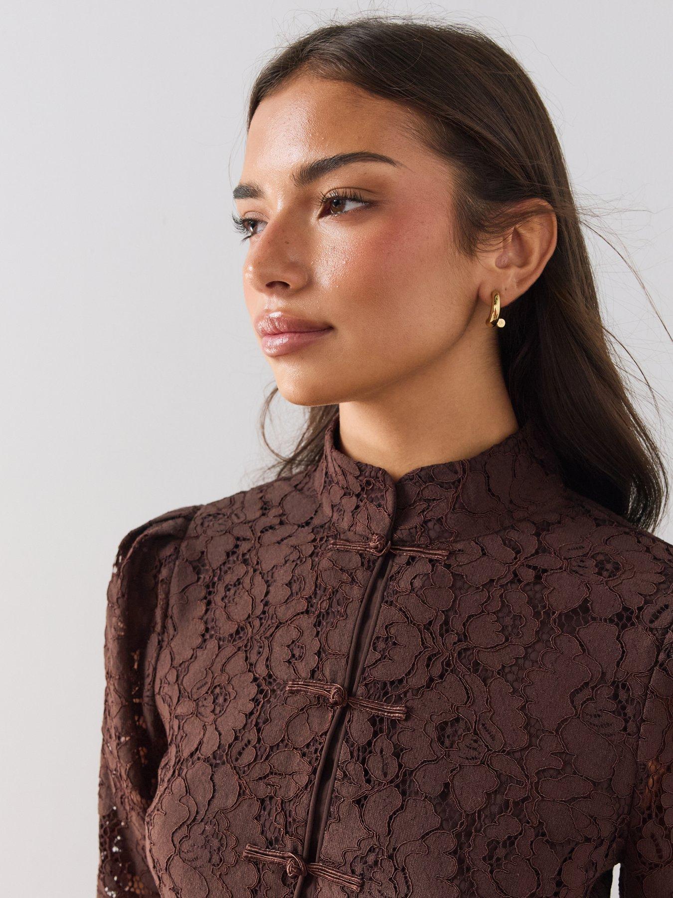 Image 4 of 7 of The Very Collection Womens Lace Mandarin Button-Through Blouse - Brown