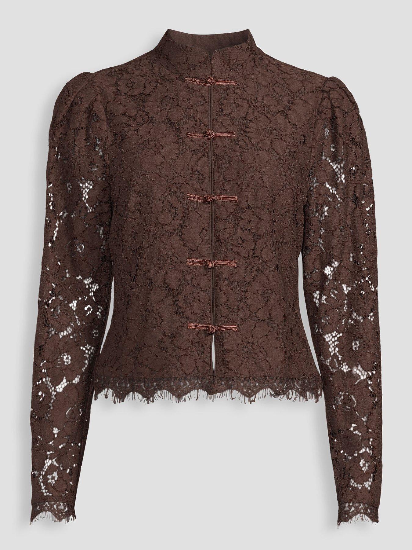 Image 7 of 7 of The Very Collection Womens Lace Mandarin Button-Through Blouse - Brown