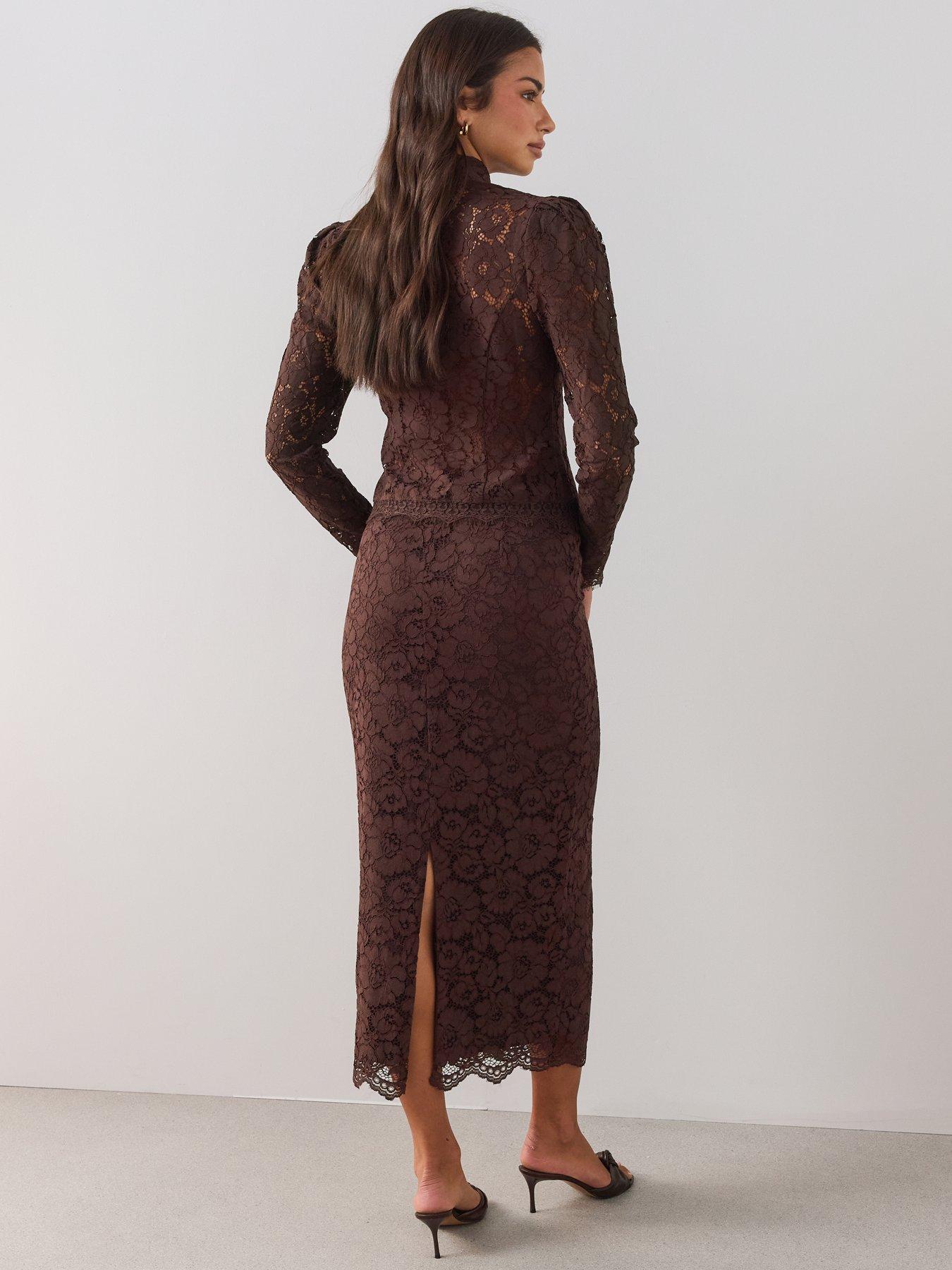 Image 6 of 7 of The Very Collection Womens Lace Scallop Hem Midi Skirt - Brown