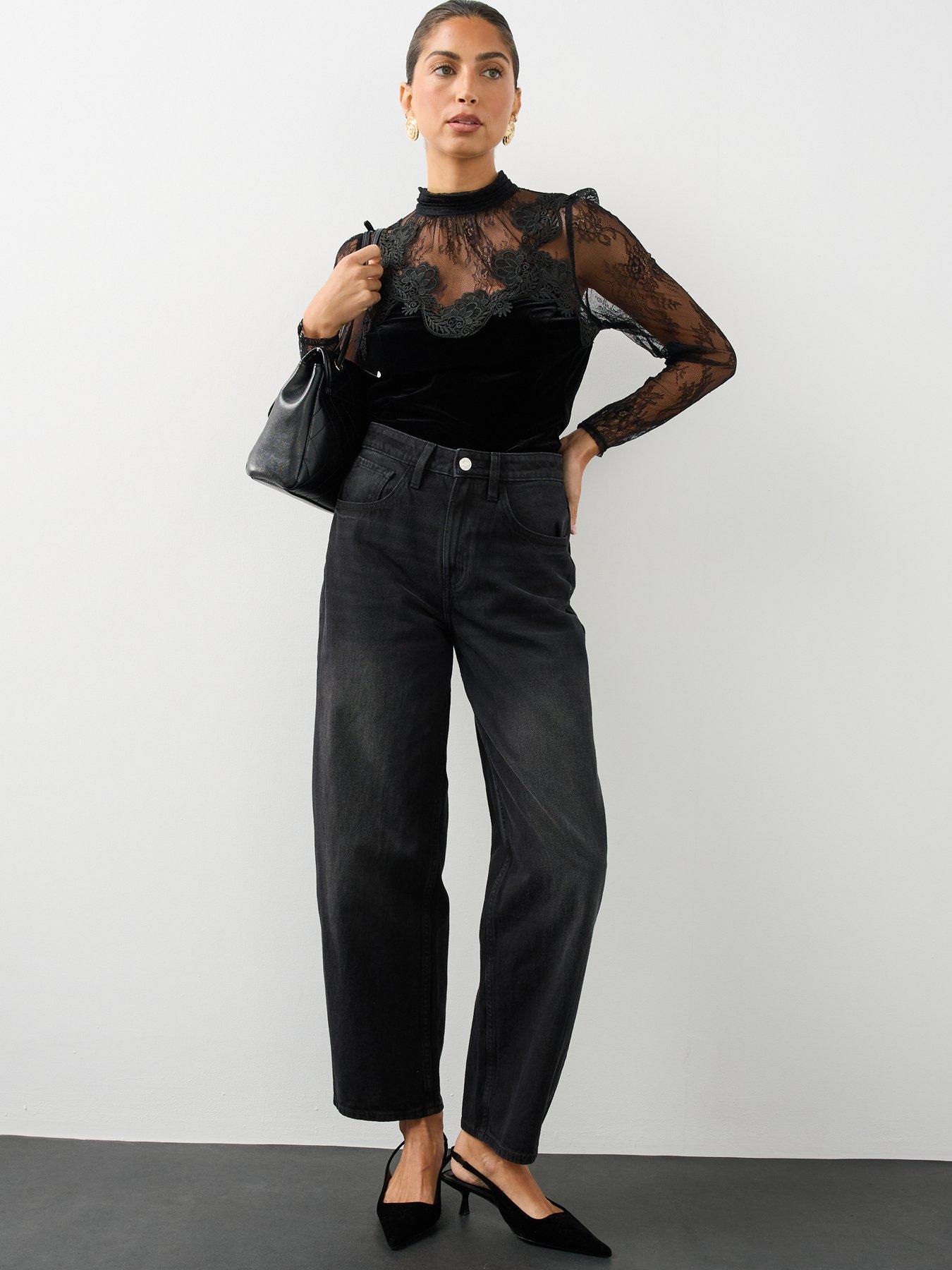 Image 3 of 7 of The Very Collection Womens Lace Detail Stretch Velvet Blouse - Black