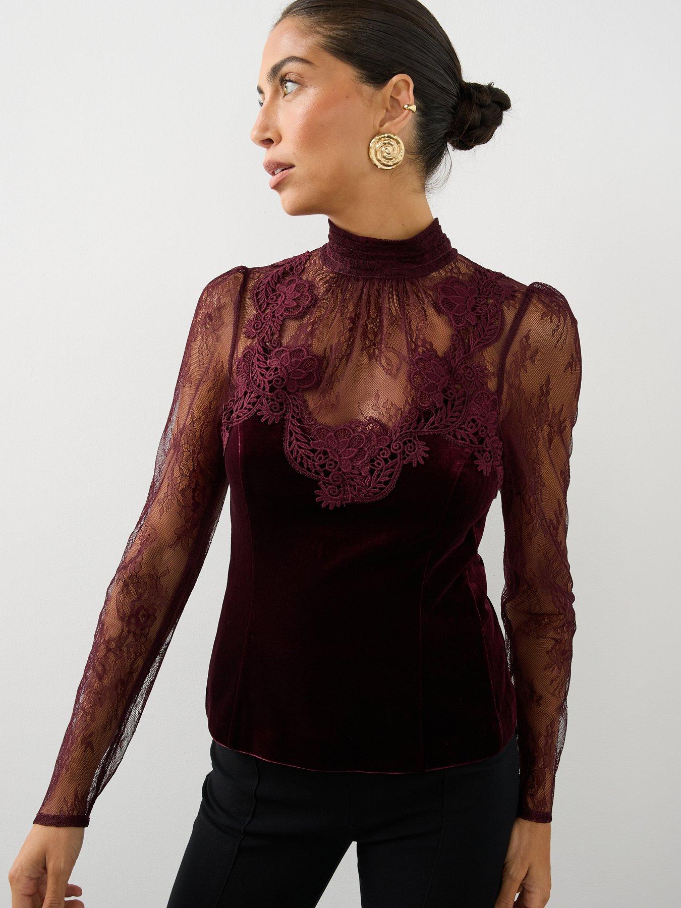 Image 1 of 7 of The Very Collection The Very Collection Womens Lace Detail High Neck Velvet Blouse - Burgundy