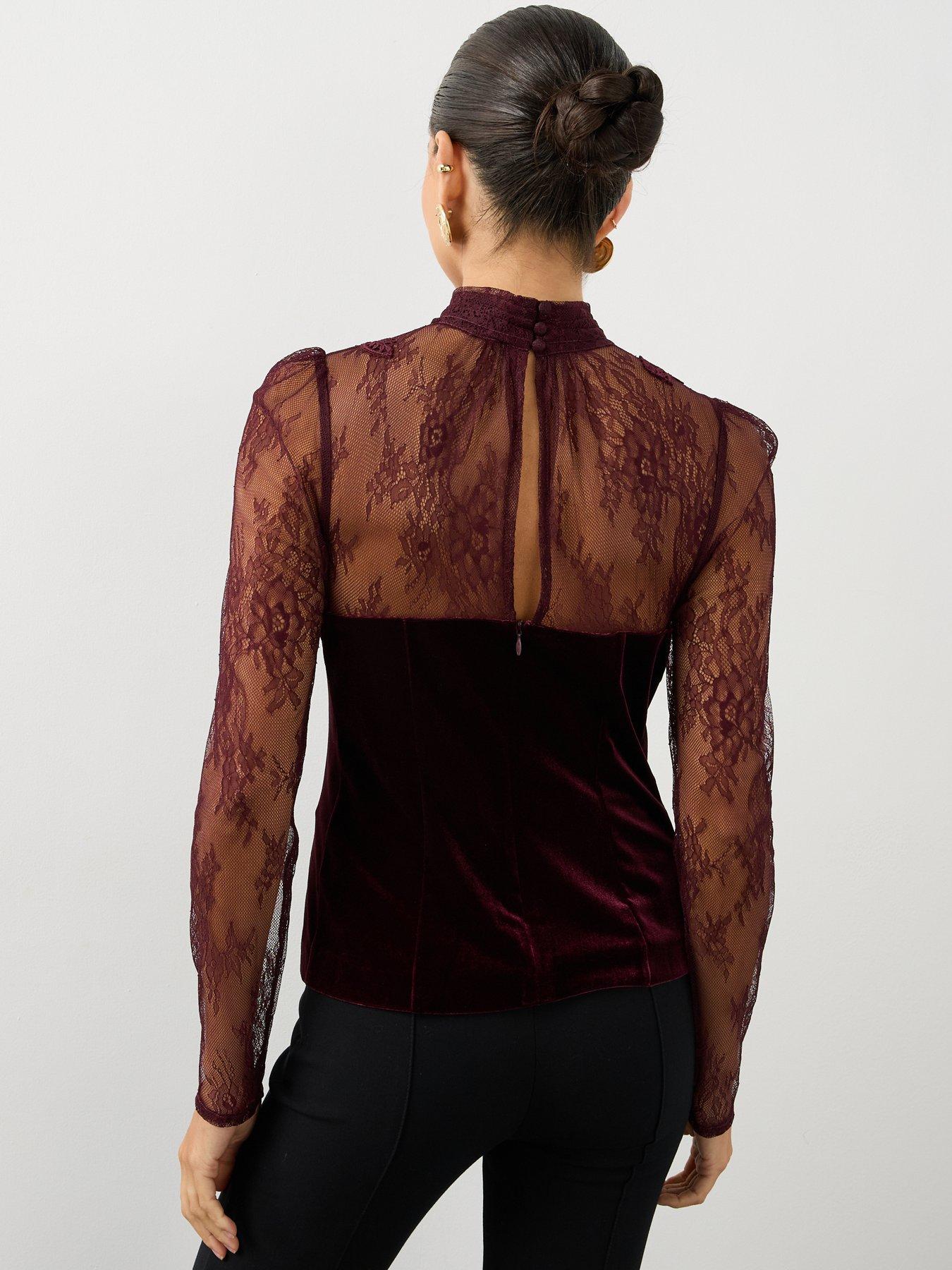 Image 2 of 7 of The Very Collection The Very Collection Womens Lace Detail High Neck Velvet Blouse - Burgundy