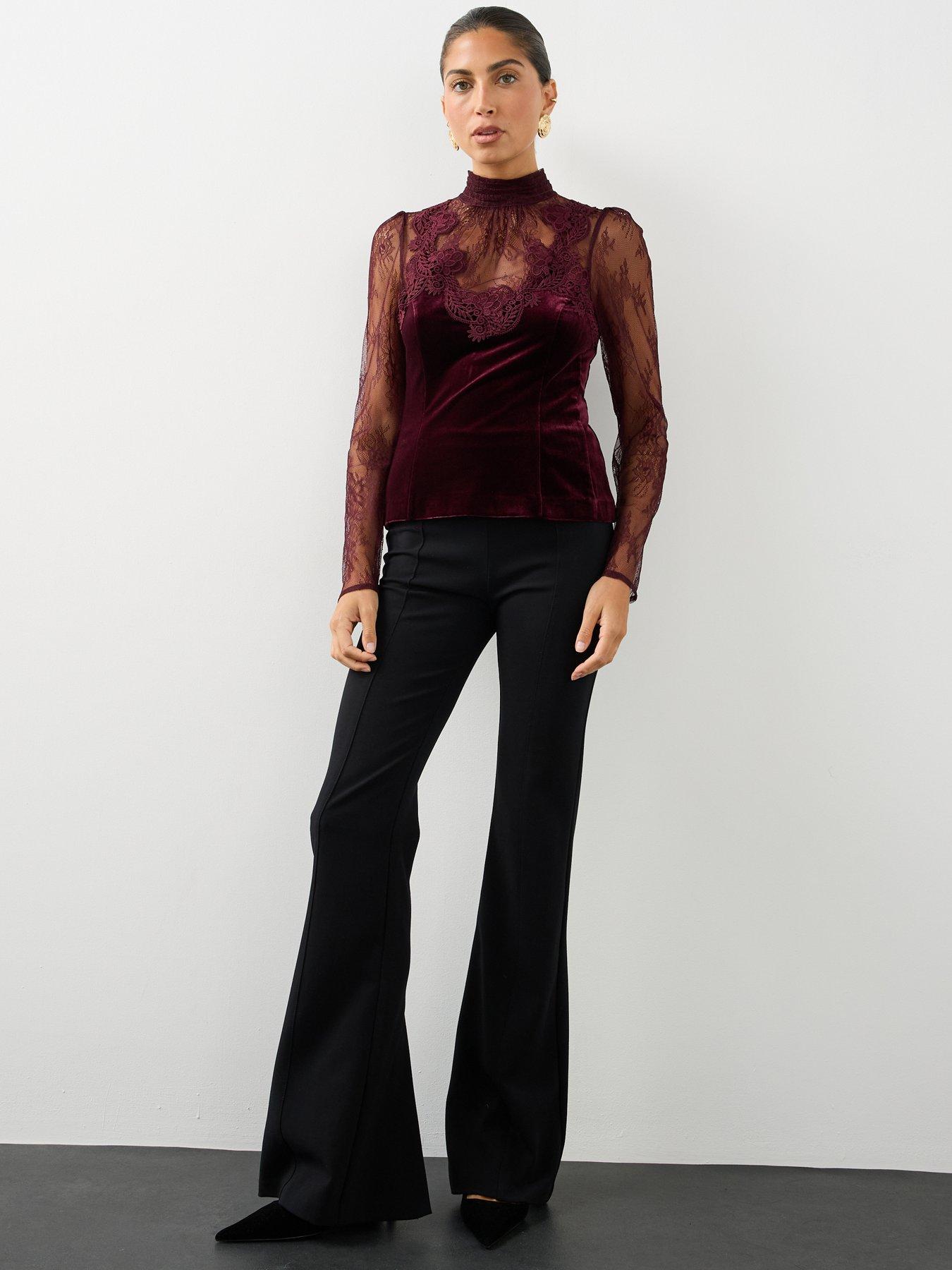 Image 3 of 7 of The Very Collection The Very Collection Womens Lace Detail High Neck Velvet Blouse - Burgundy