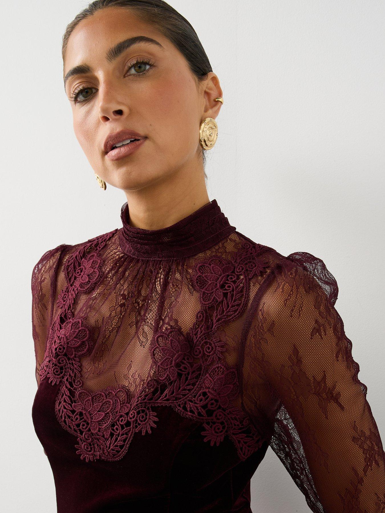 Image 4 of 7 of The Very Collection The Very Collection Womens Lace Detail High Neck Velvet Blouse - Burgundy
