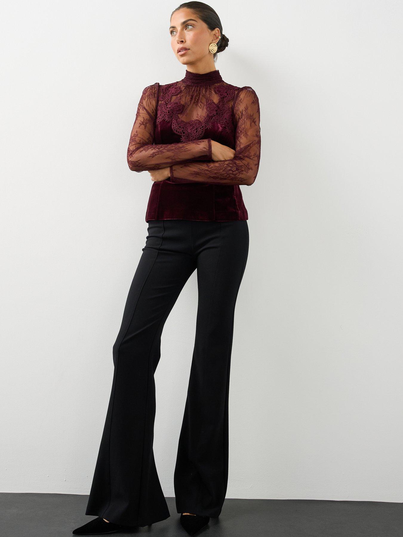 Image 5 of 7 of The Very Collection The Very Collection Womens Lace Detail High Neck Velvet Blouse - Burgundy