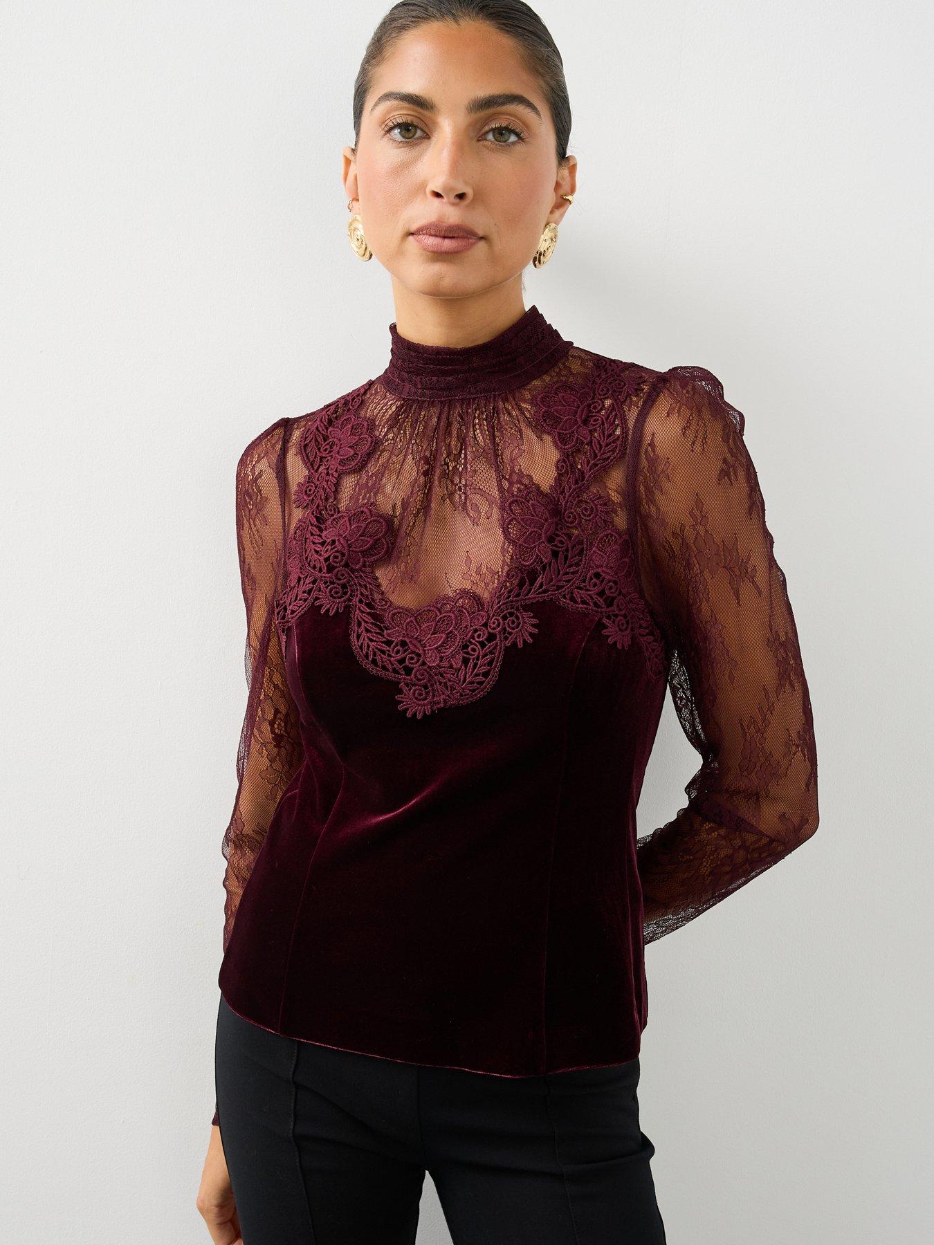 Image 6 of 7 of The Very Collection The Very Collection Womens Lace Detail High Neck Velvet Blouse - Burgundy