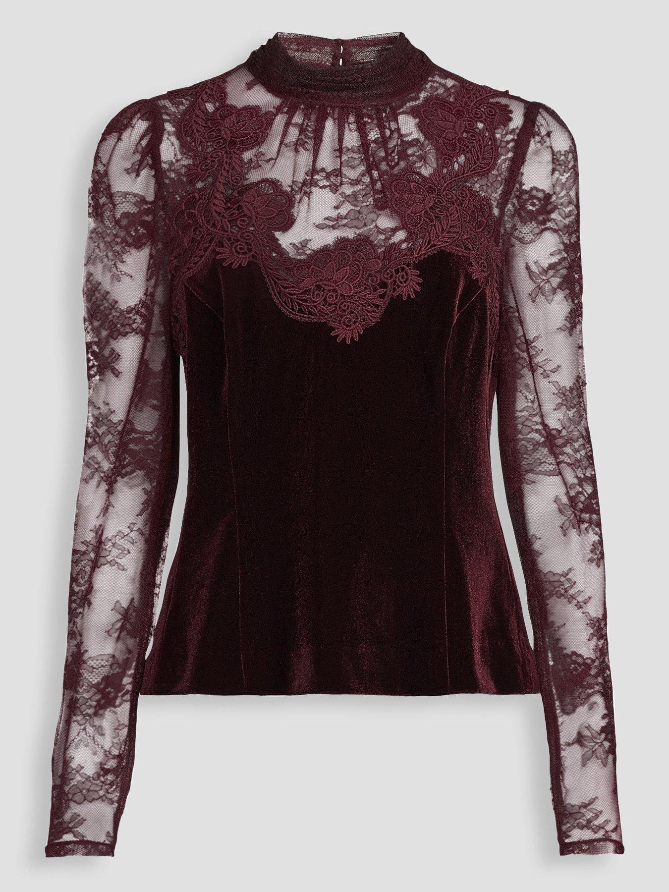 Image 7 of 7 of The Very Collection The Very Collection Womens Lace Detail High Neck Velvet Blouse - Burgundy