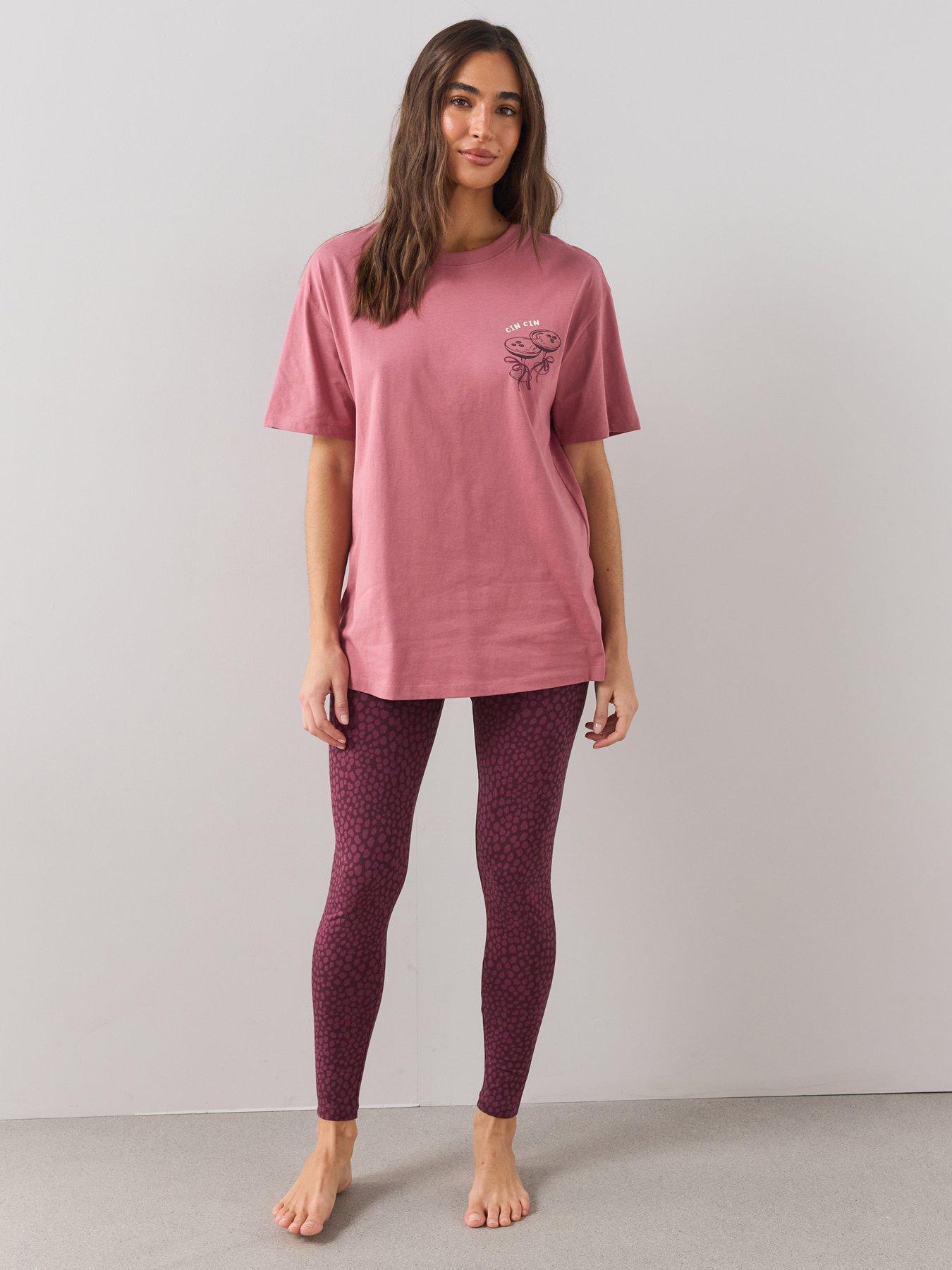 Image 1 of 6 of The Very Collection Womens Cocktail Print Longline T-shirt And Leopard Print Legging Pyjama Set &nbsp;- Pink