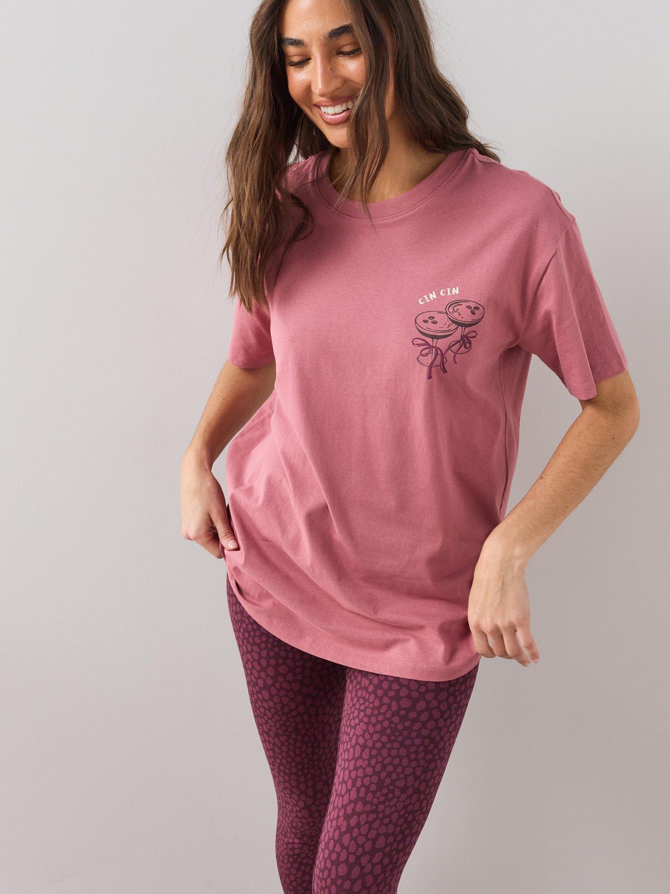 Image 4 of 6 of The Very Collection Womens Cocktail Print Longline T-shirt And Leopard Print Legging Pyjama Set &nbsp;- Pink