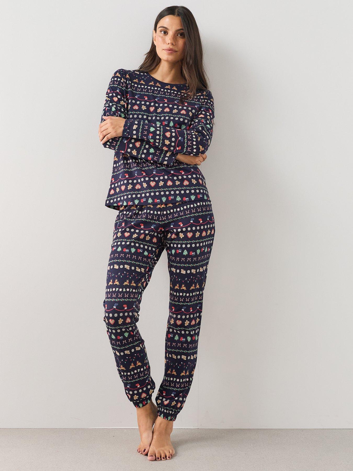 Image 2 of 7 of The Very Collection Womens Family Christmas Pyjama Reindeer Fairisle Top And Jogger Set - Navy