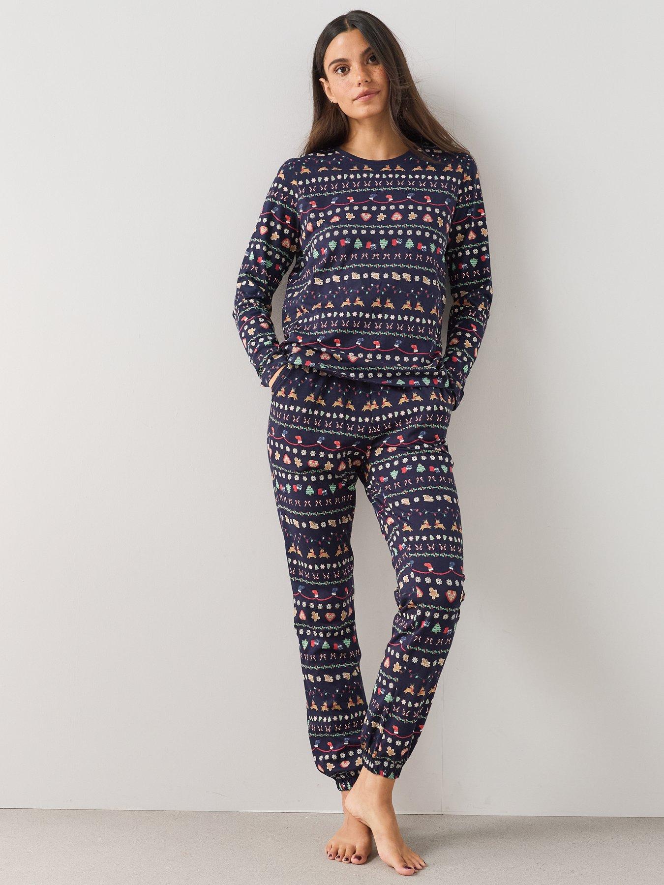 Image 4 of 7 of The Very Collection Womens Family Christmas Pyjama Reindeer Fairisle Top And Jogger Set - Navy