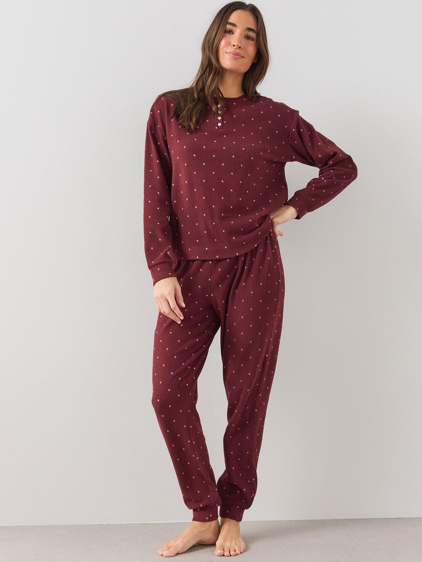 Image 3 of 6 of The Very Collection Henley Polka Dot Pyjama Set - Burgundy