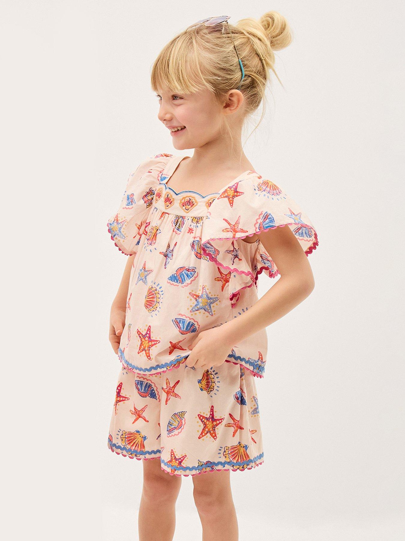 Monsoon Girls Shell Printed Blouse & Short Set - Light Cream