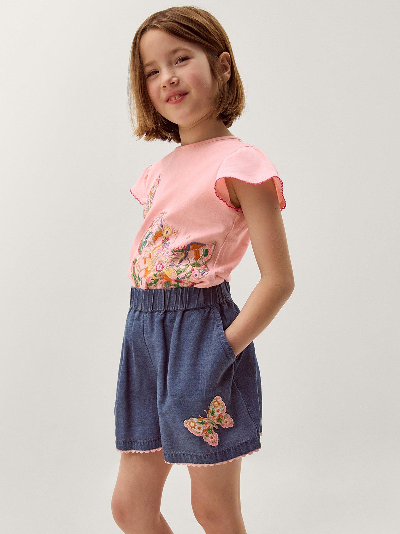 Image 1 of 4 of Monsoon Girls Butterfly Embroidered Tencel Shorts - Blue
