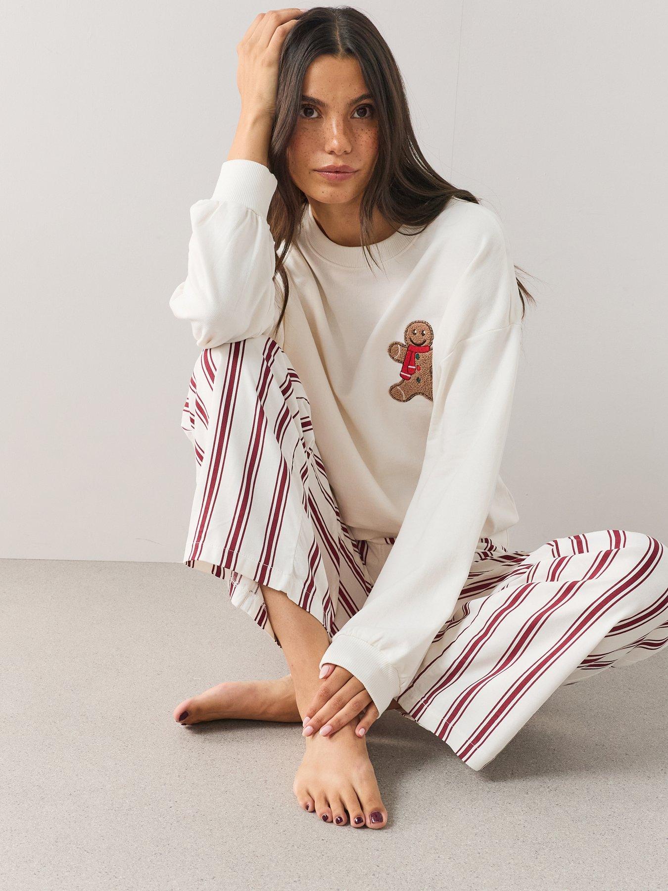 Image 2 of 7 of The Very Collection Womens Family Christmas Pyjama Gingerbread Sweatshirt And Woven Stripe Bottoms - Multi