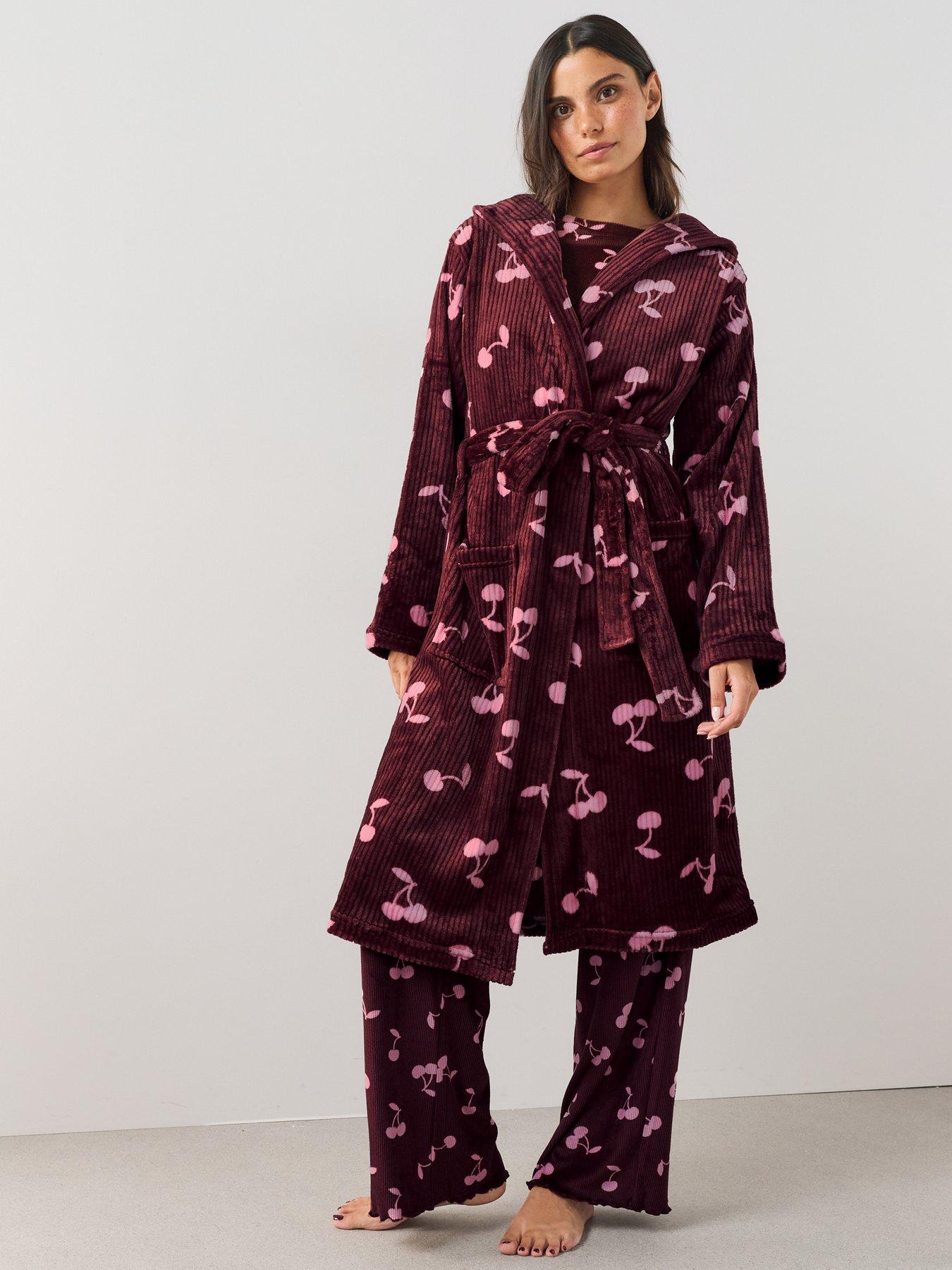 Image 1 of 7 of The Very Collection Soft Touch Rib Cherry Print Dressing Gown - Burgundy