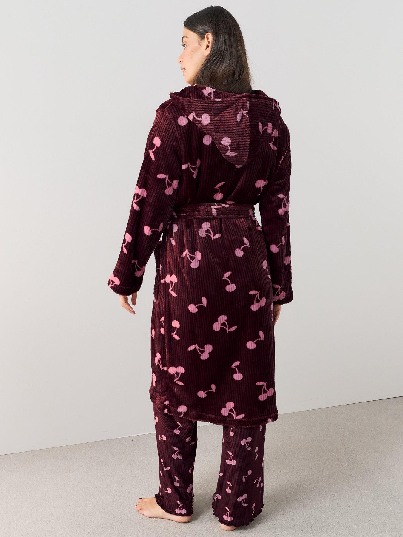 Image 2 of 7 of The Very Collection Soft Touch Rib Cherry Print Dressing Gown - Burgundy