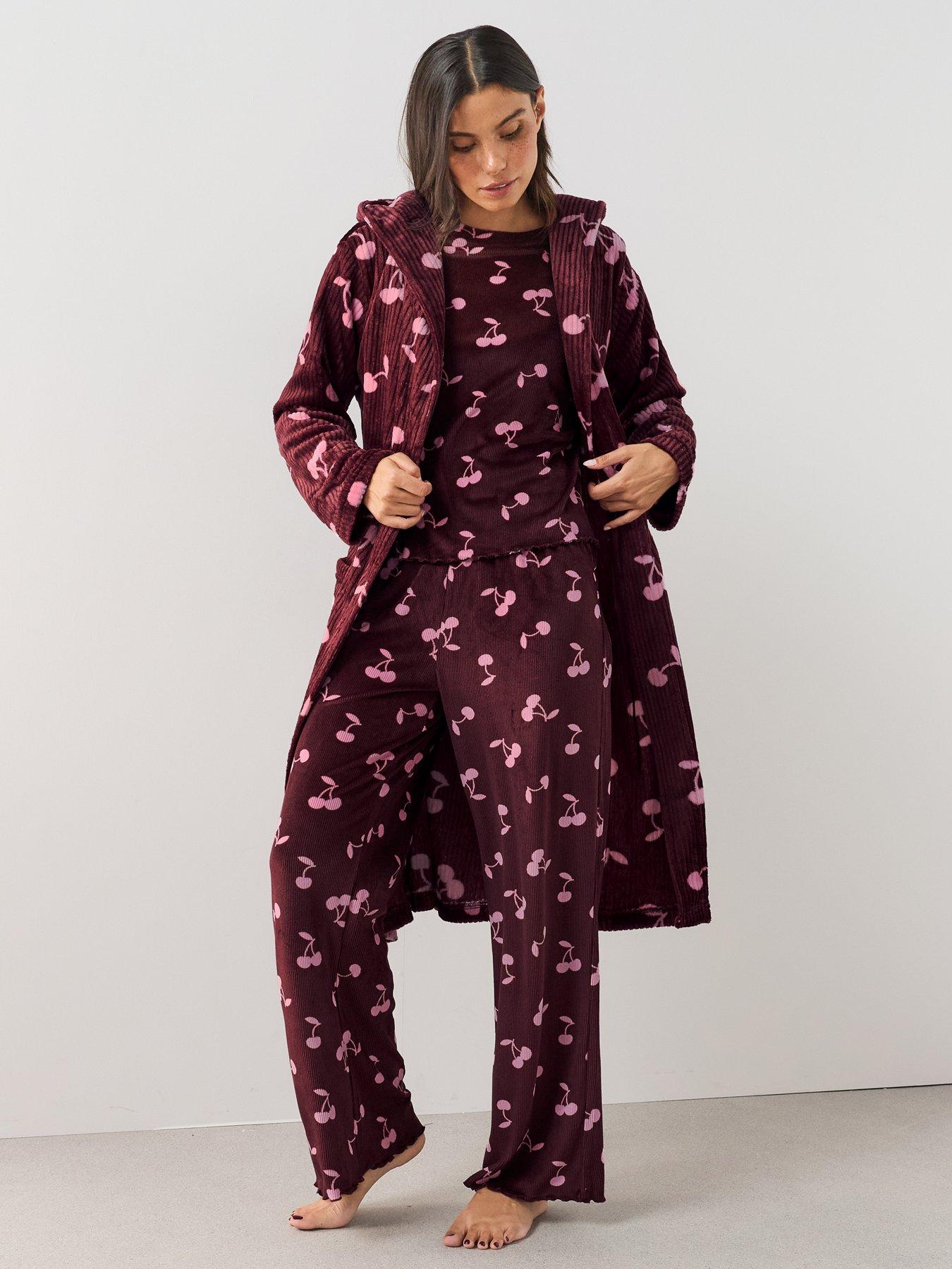 Image 3 of 7 of The Very Collection Soft Touch Rib Cherry Print Dressing Gown - Burgundy