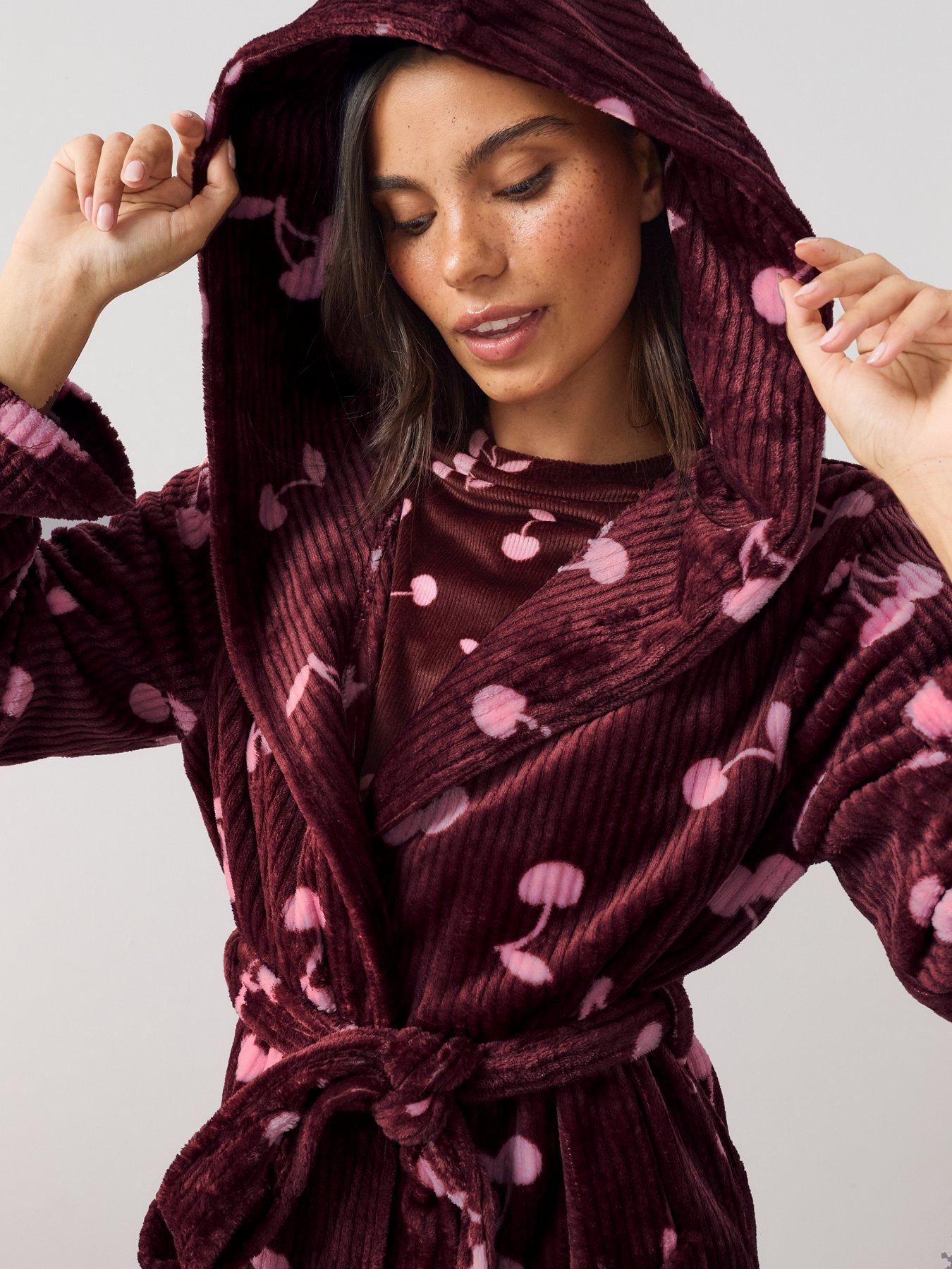 Image 4 of 7 of The Very Collection Soft Touch Rib Cherry Print Dressing Gown - Burgundy