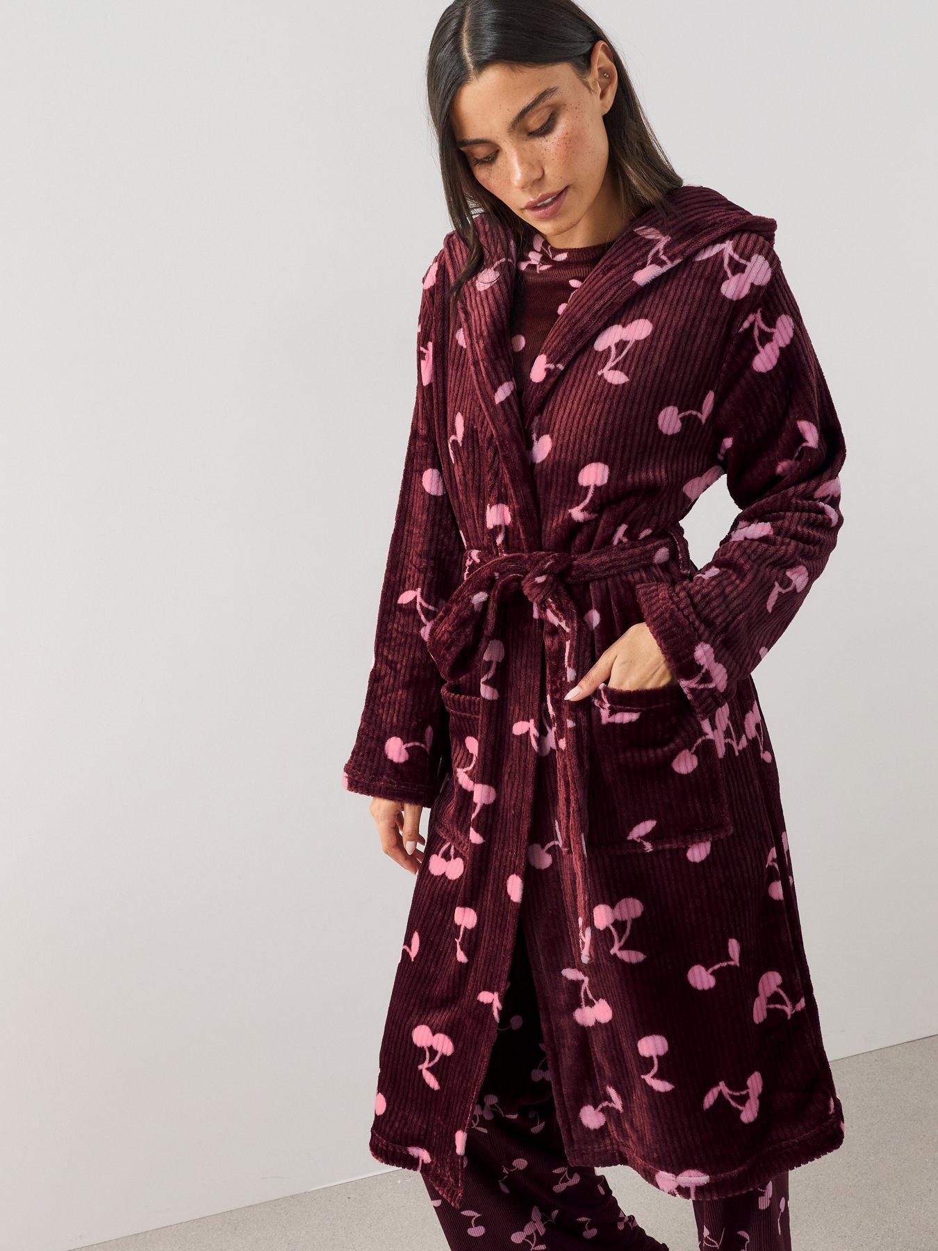 Image 5 of 7 of The Very Collection Soft Touch Rib Cherry Print Dressing Gown - Burgundy