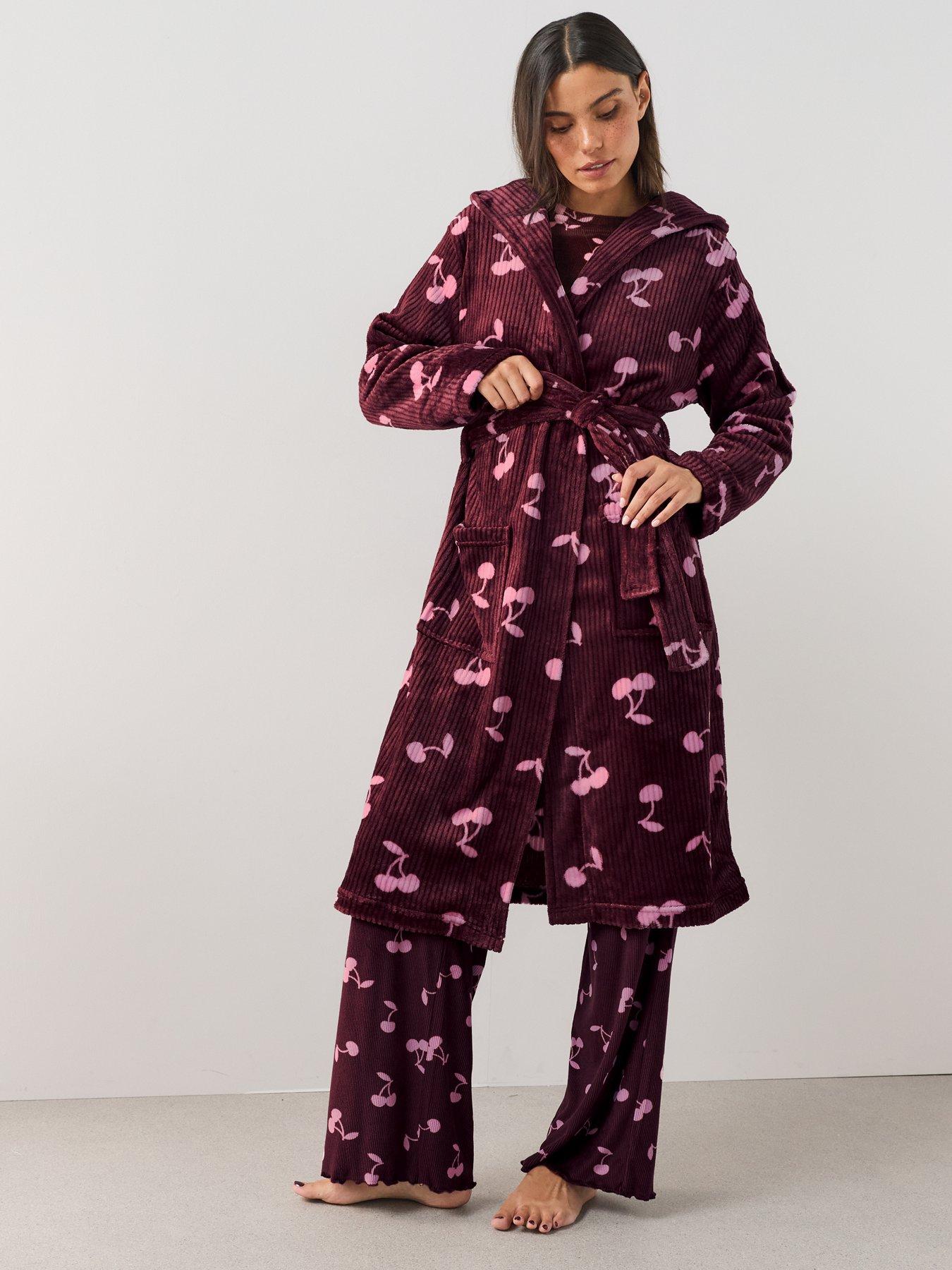 Image 6 of 7 of The Very Collection Soft Touch Rib Cherry Print Dressing Gown - Burgundy