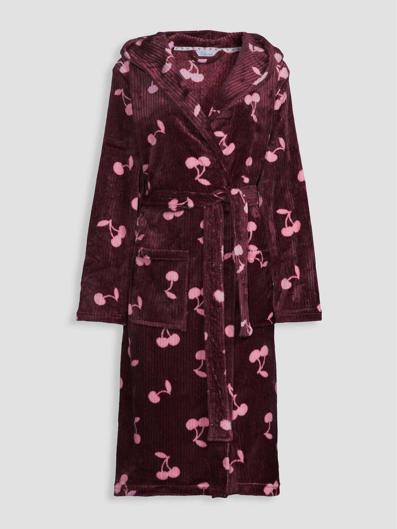 Image 7 of 7 of The Very Collection Soft Touch Rib Cherry Print Dressing Gown - Burgundy