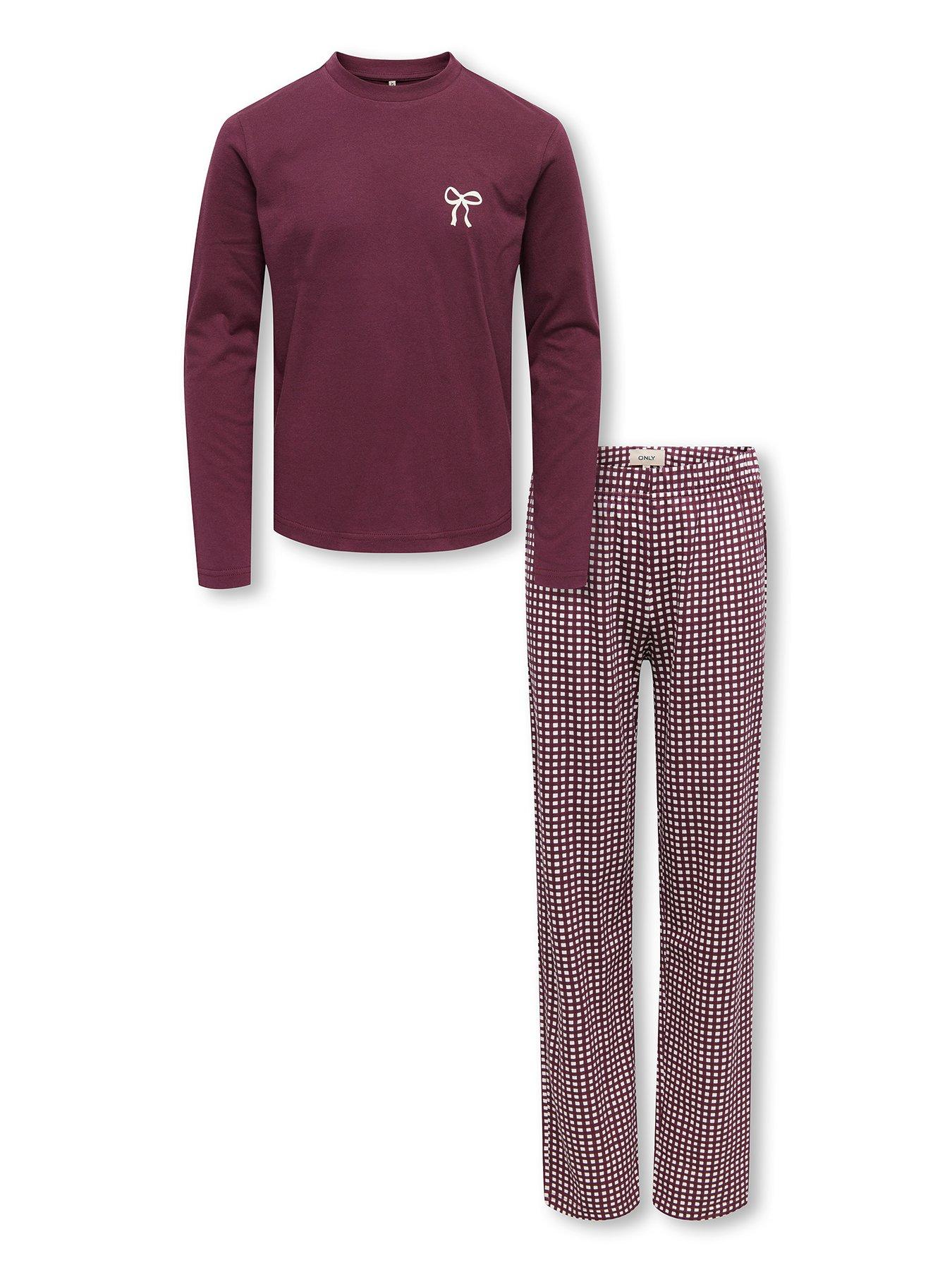 Only Kids Girls Bow Gingham Pyjamas - Dark Red
