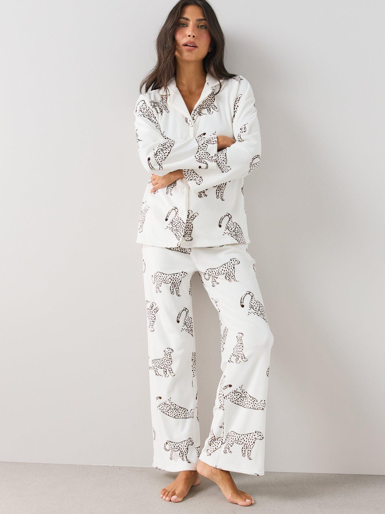 Image 1 of 7 of The Very Collection Fleece Revere Printed Pyjama Set - White