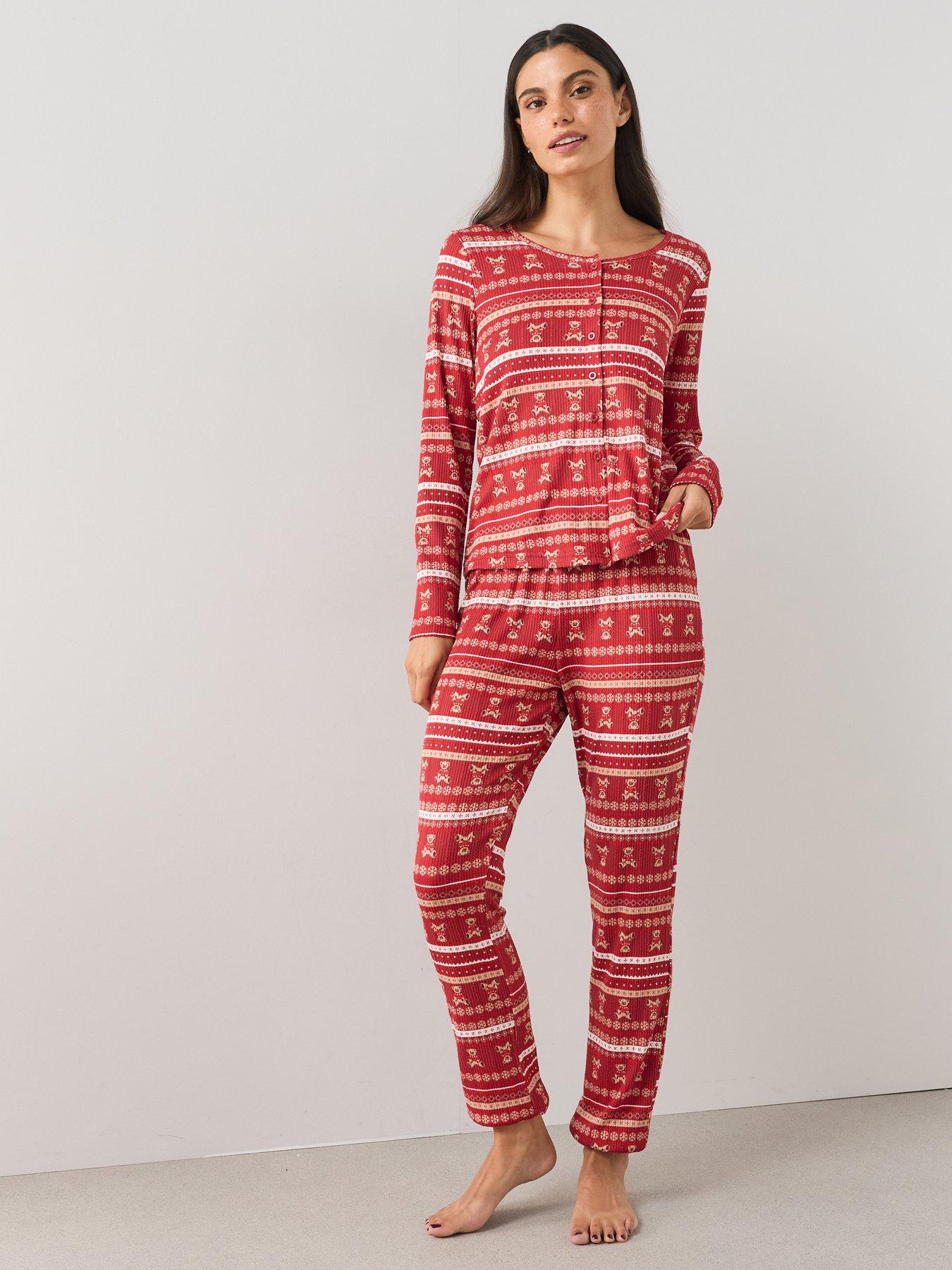 Image 2 of 7 of The Very Collection Womens Family Christmas Pyjama Pointelle Fairisle Henley And Jogger Set - Red