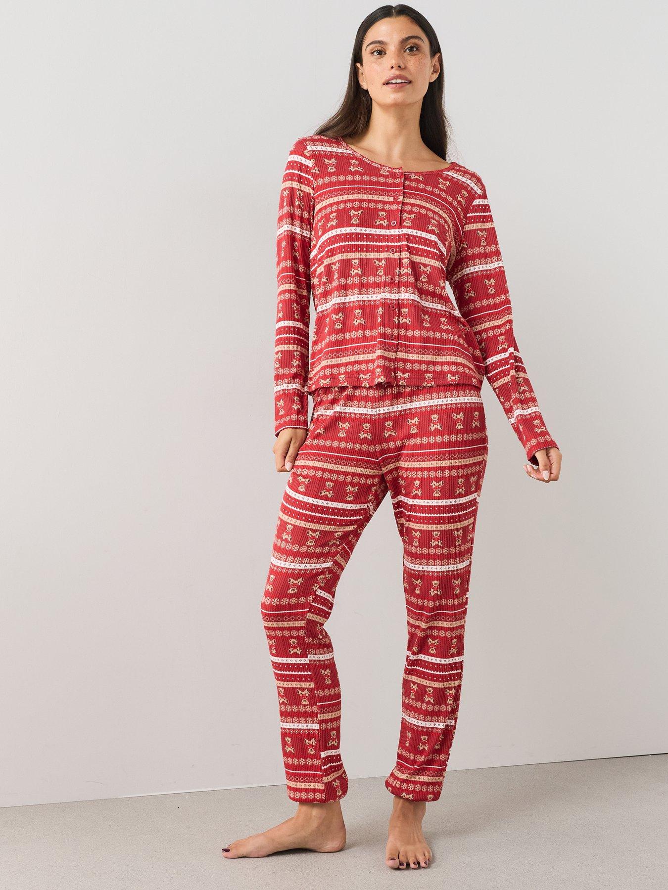 Image 4 of 7 of The Very Collection Womens Family Christmas Pyjama Pointelle Fairisle Henley And Jogger Set - Red