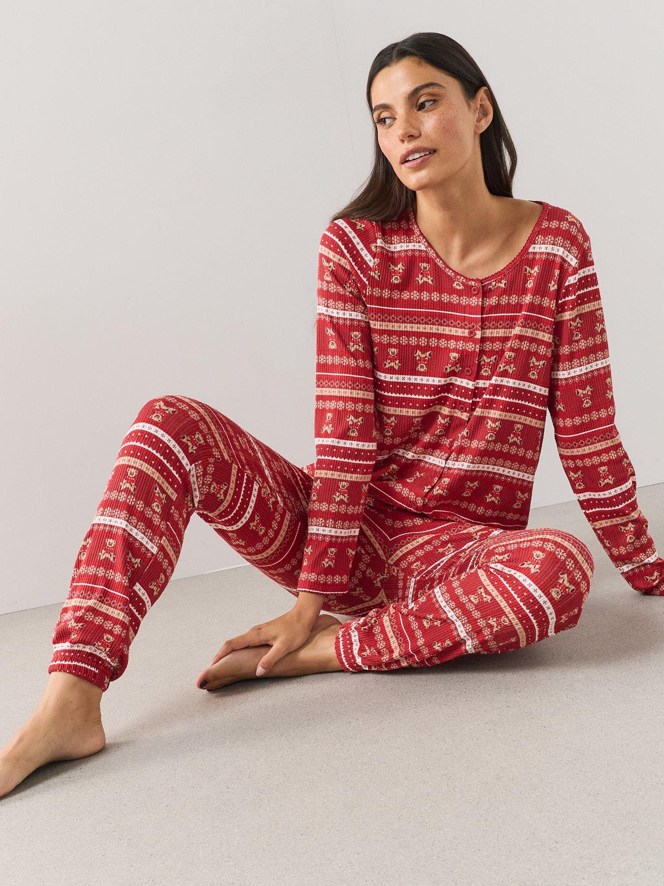 Image 5 of 7 of The Very Collection Womens Family Christmas Pyjama Pointelle Fairisle Henley And Jogger Set - Red
