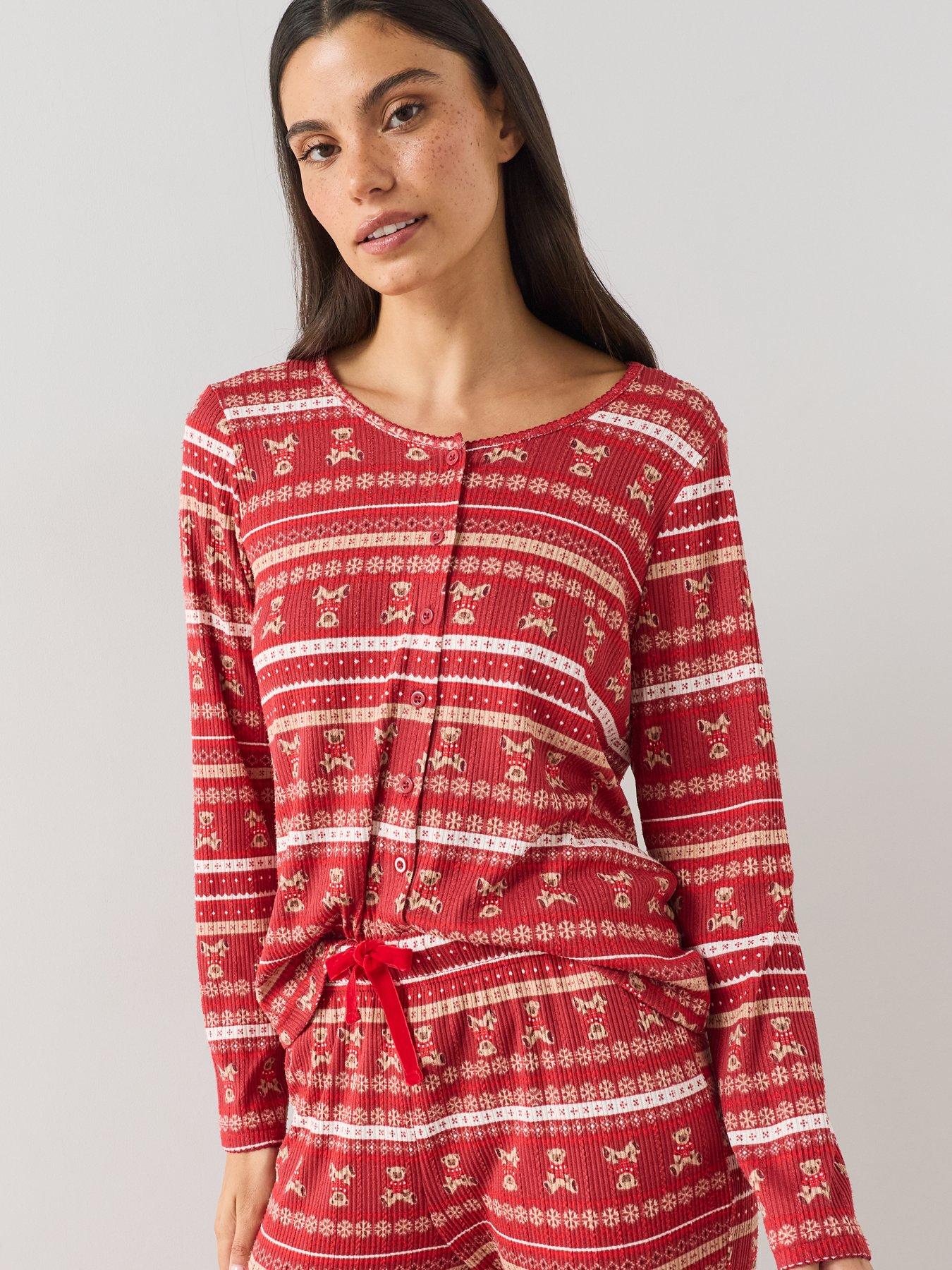 Image 6 of 7 of The Very Collection Womens Family Christmas Pyjama Pointelle Fairisle Henley And Jogger Set - Red