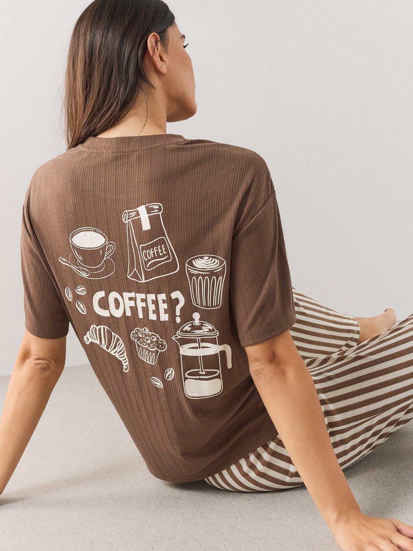 Image 1 of 7 of The Very Collection Pointelle Espresso T-Shirt And Stripe Wide Leg Pyjama Set - Brown