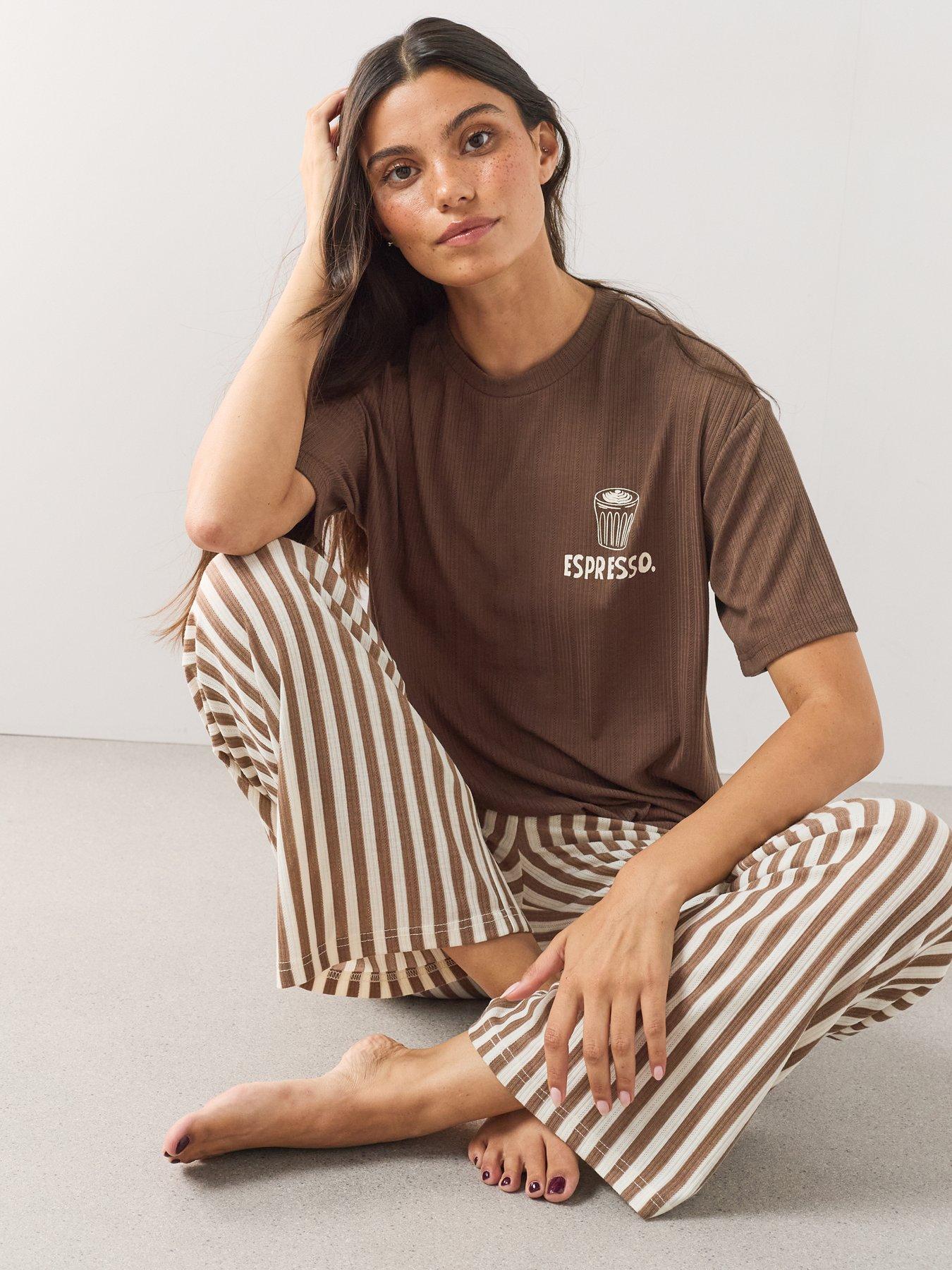 Image 2 of 7 of The Very Collection Pointelle Espresso T-Shirt And Stripe Wide Leg Pyjama Set - Brown