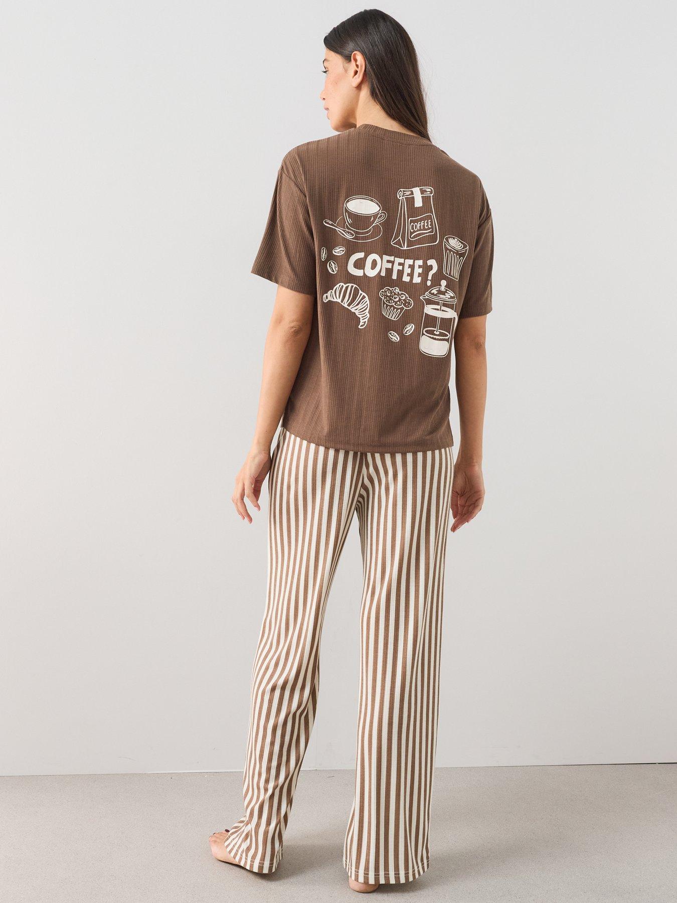 Image 3 of 7 of The Very Collection Pointelle Espresso T-Shirt And Stripe Wide Leg Pyjama Set - Brown