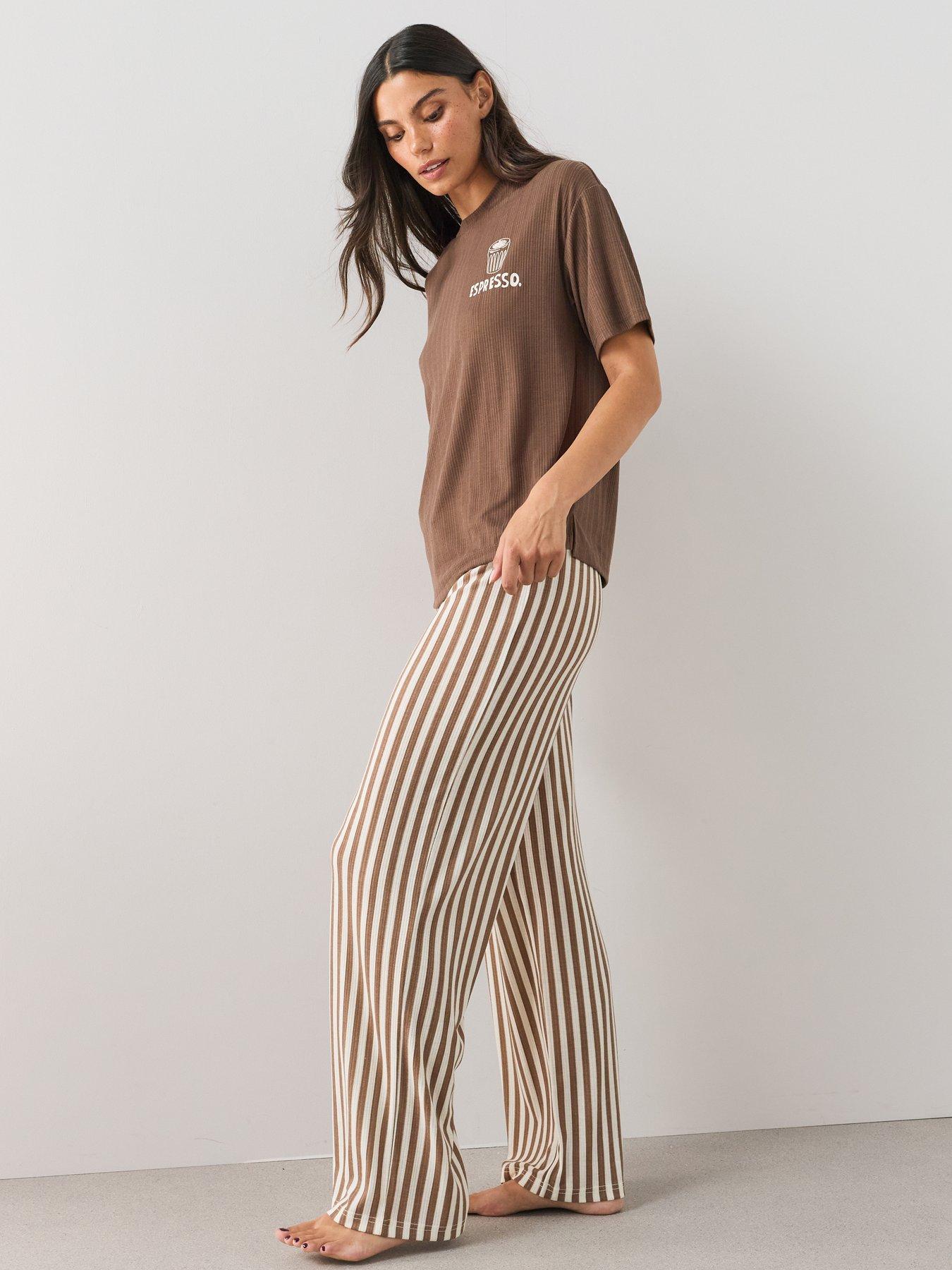 Image 4 of 7 of The Very Collection Pointelle Espresso T-Shirt And Stripe Wide Leg Pyjama Set - Brown