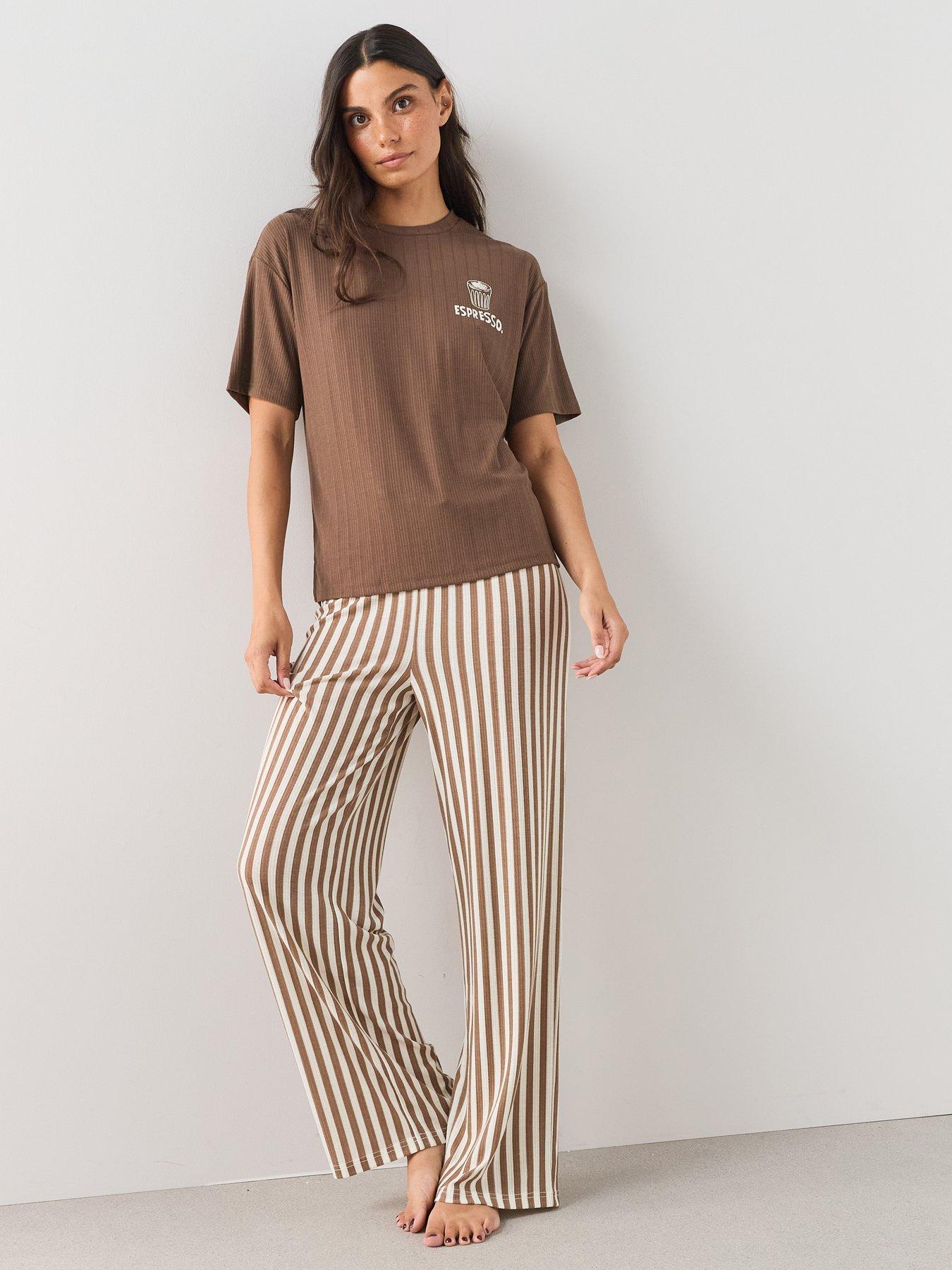 Image 5 of 7 of The Very Collection Pointelle Espresso T-Shirt And Stripe Wide Leg Pyjama Set - Brown