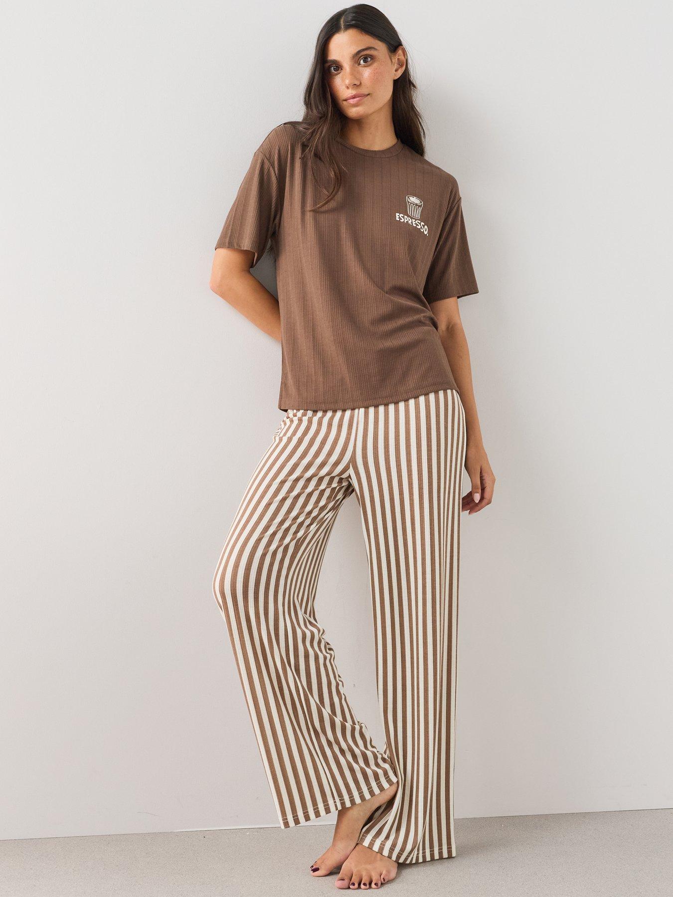 Image 6 of 7 of The Very Collection Pointelle Espresso T-Shirt And Stripe Wide Leg Pyjama Set - Brown