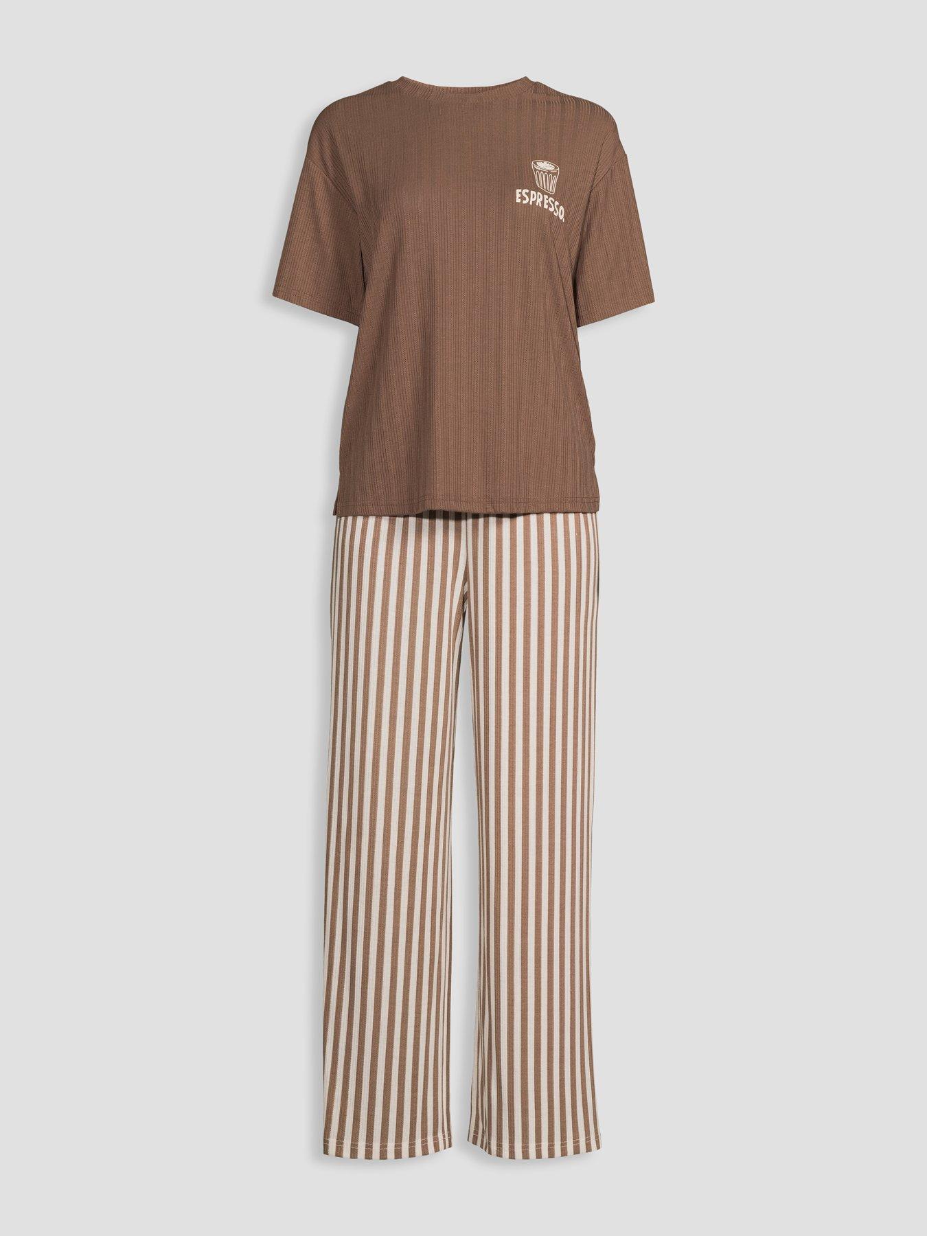 Image 7 of 7 of The Very Collection Pointelle Espresso T-Shirt And Stripe Wide Leg Pyjama Set - Brown