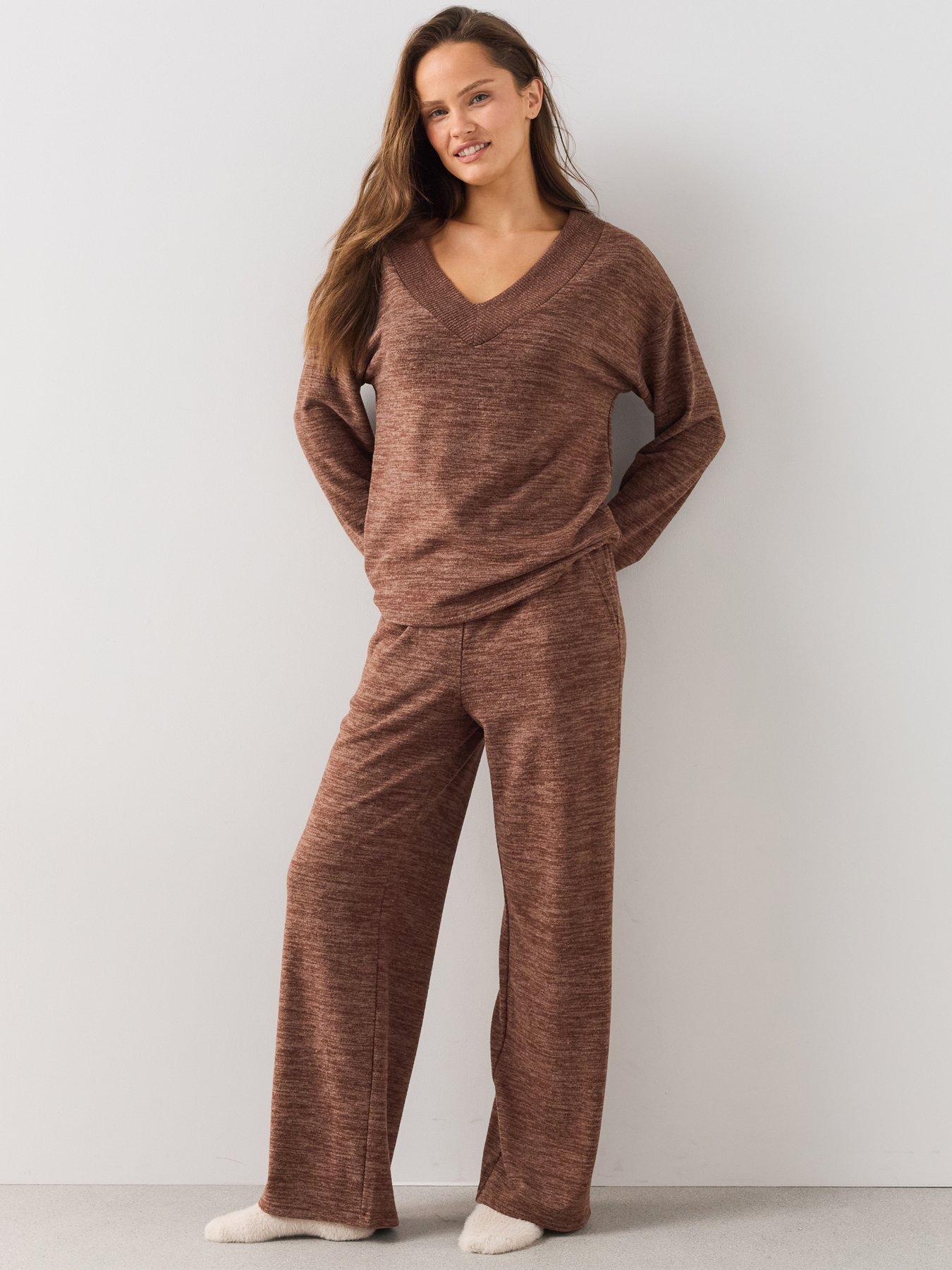 The Very Collection V Neck Knit Top And Wide Leg Loungewear Set - Brown