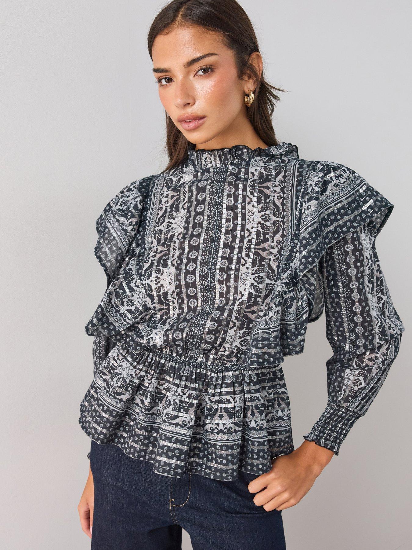 Image 1 of 7 of The Very Collection Foil Printed Peplum Blouse